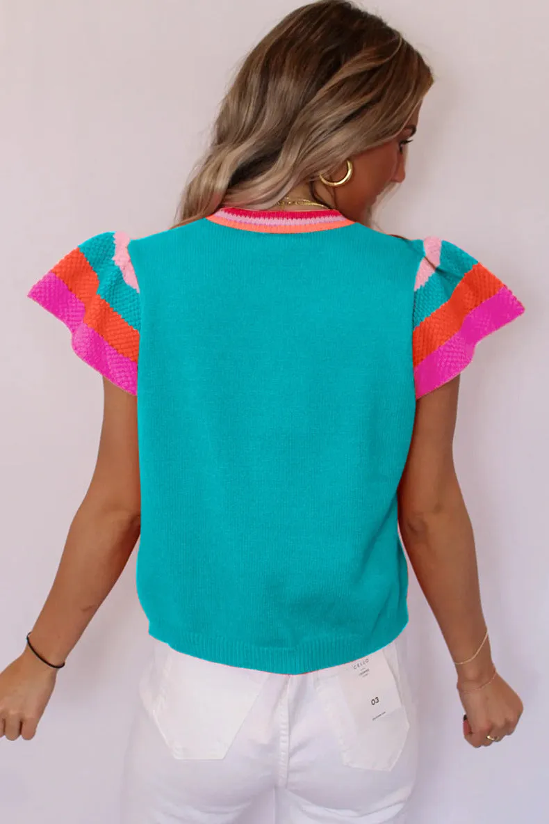 Crew Neck Knitted Top Contrasting Color Sweet Short-sleeved Sweater