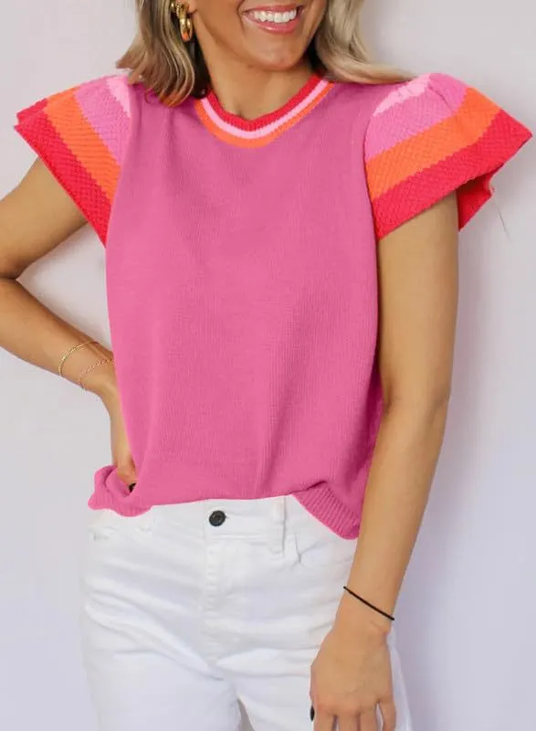 Crew Neck Knitted Top Contrasting Color Sweet Short-sleeved Sweater