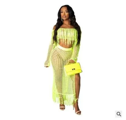 Crochet Fishnet Maxi Skirt Set 6 Different Colors You Choose Off The Shoulder Fringe Top Long Crocheted Skirt With Fringed Hem Available In Small Medium Large XL And Plus Sizes XXL 2X And XXXL 3X