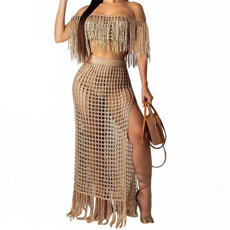 Crochet Fishnet Maxi Skirt Set 6 Different Colors You Choose Off The Shoulder Fringe Top Long Crocheted Skirt With Fringed Hem Available In Small Medium Large XL And Plus Sizes XXL 2X And XXXL 3X