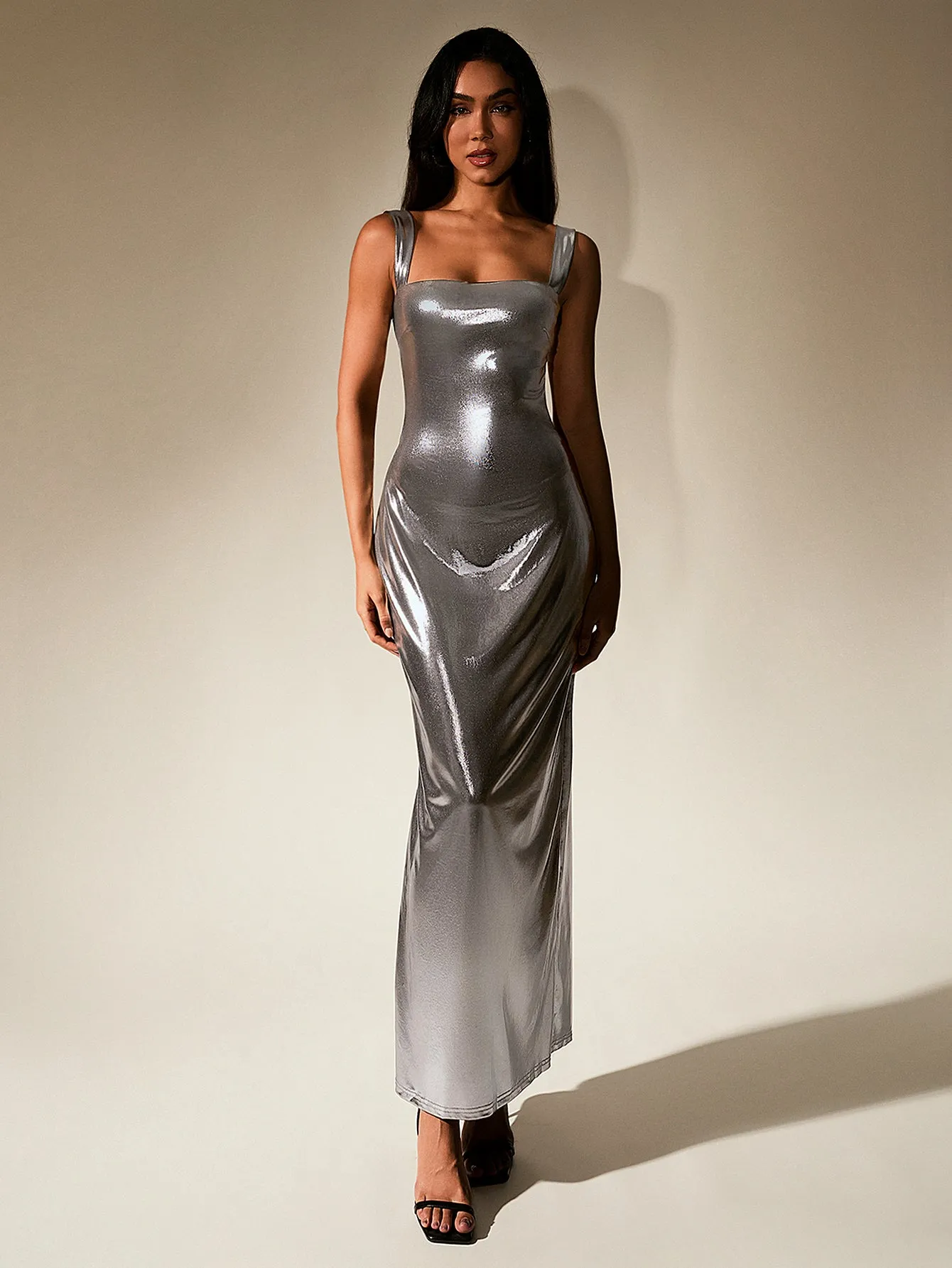 Cut Out Misty Gold Metallic Bodycon Maxi Dress