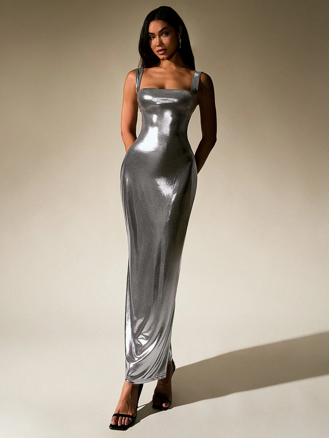 Cut Out Misty Gold Metallic Bodycon Maxi Dress