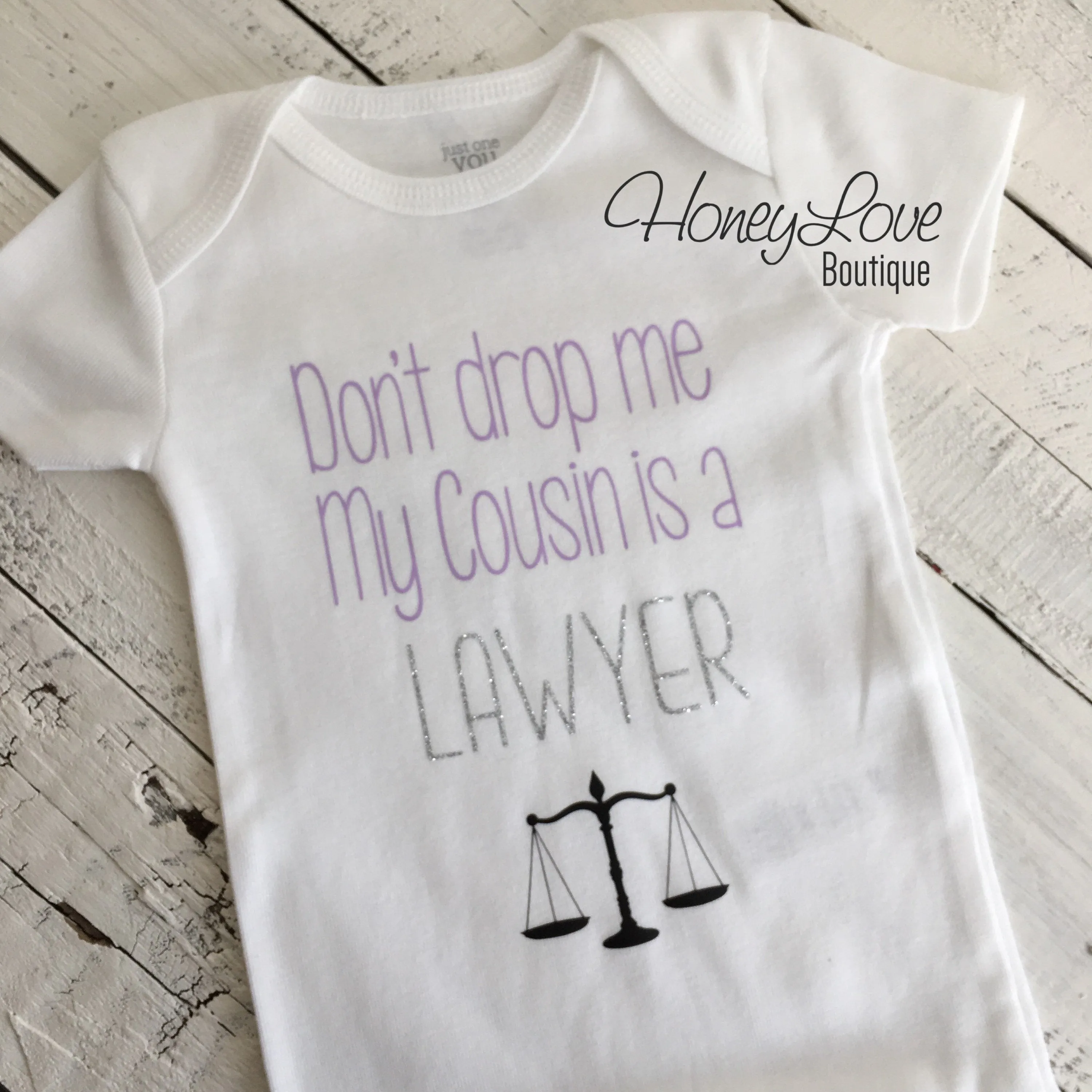 Don't drop me My Cousin is a LAWYER - lavender, silver glitter and black