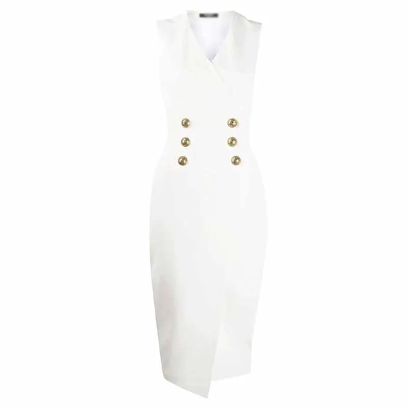 Double Breasted Gold Button Blazer Dress Asymmetric Sleeveless Blazer Midi Dress