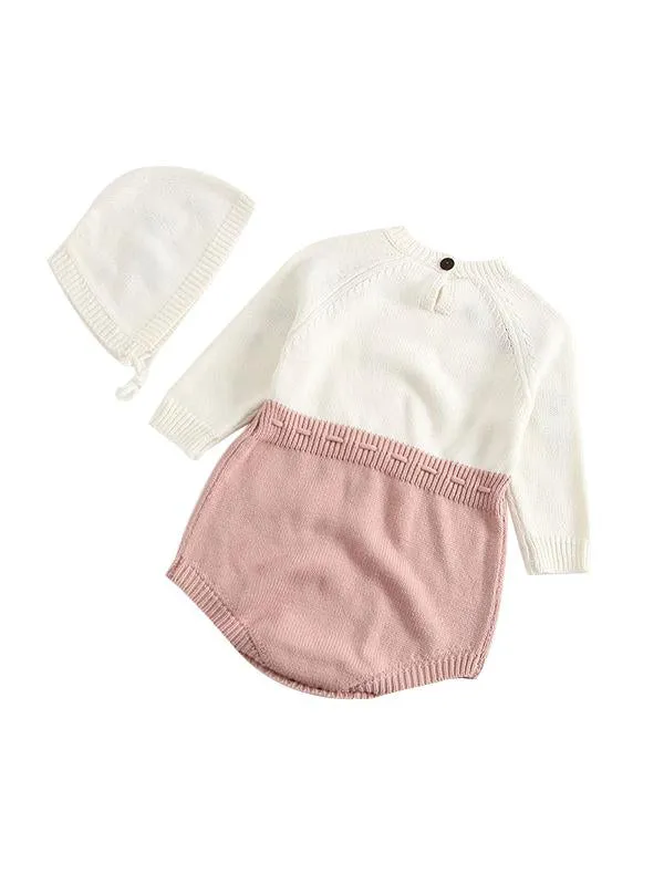 Embroidery Knitted Cotton Romper Cap Set Long-sleeve Bodysuit for Baby Girls