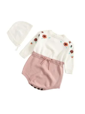 Embroidery Knitted Cotton Romper Cap Set Long-sleeve Bodysuit for Baby Girls