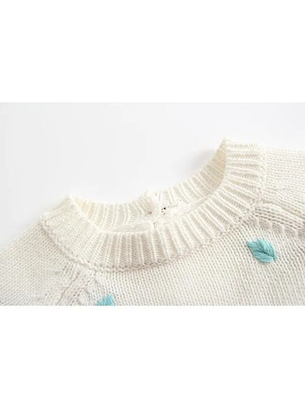 Embroidery Knitted Cotton Romper Cap Set Long-sleeve Bodysuit for Baby Girls