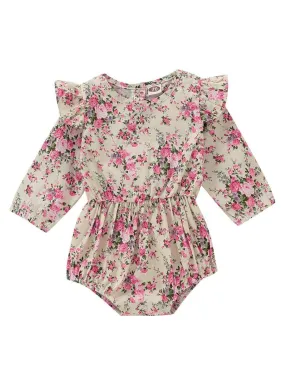 Fall Ruffle Shoulder Floral Pattern Bodysuit Baby Girl Onesie