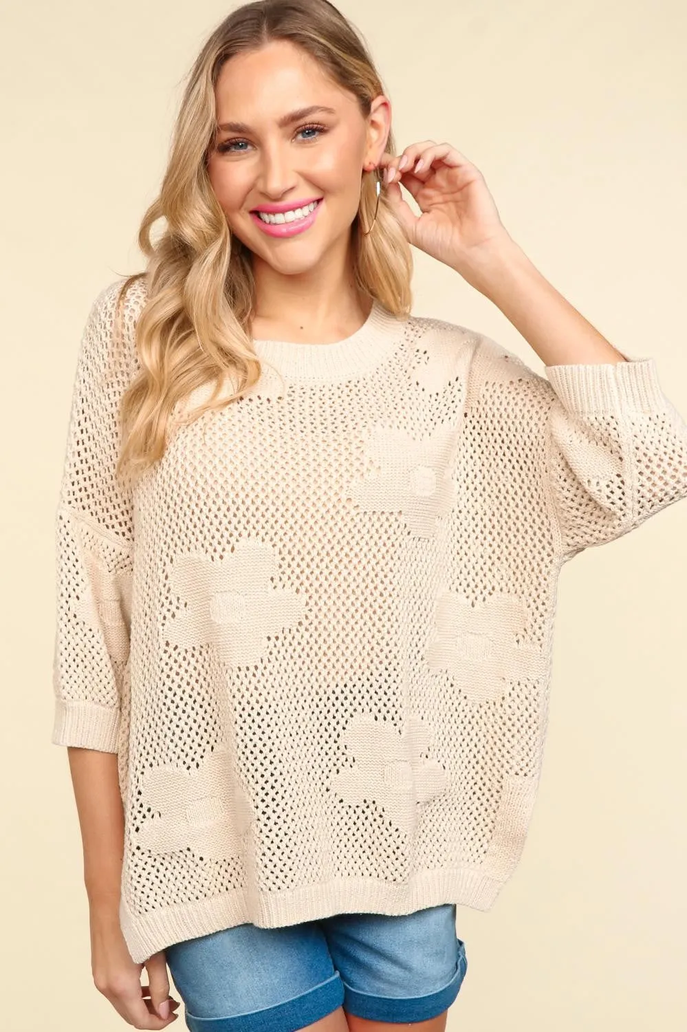 Floral Crochet Sweater Top - Oatmeal (Ships in 1-2 Weeks)