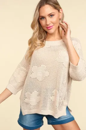 Floral Crochet Sweater Top - Oatmeal (Ships in 1-2 Weeks)