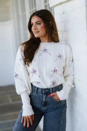 Floral Embroidered Sweater-Ivory