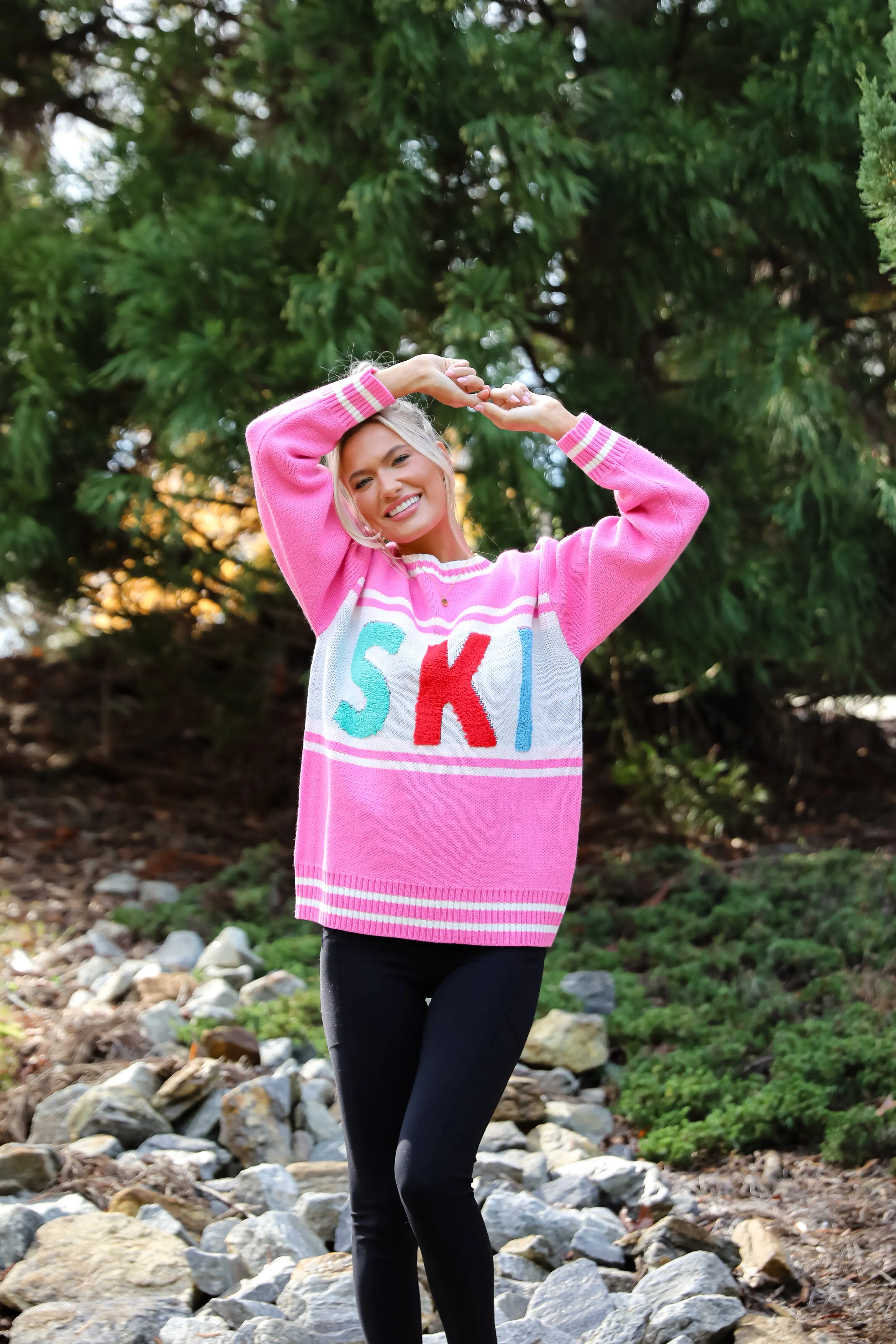 Found The Warmth Pink Ski Varsity Sweater