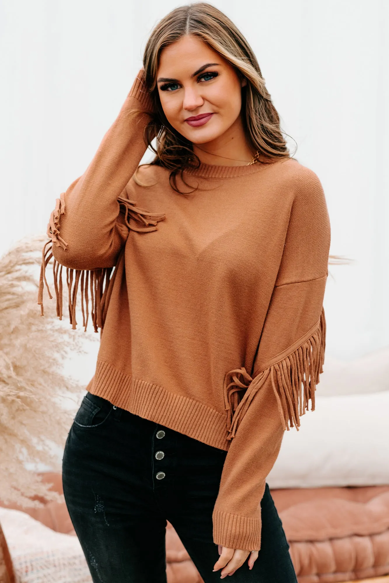 Fringe Fanatic Crewneck Fringe Sweater (Brick)