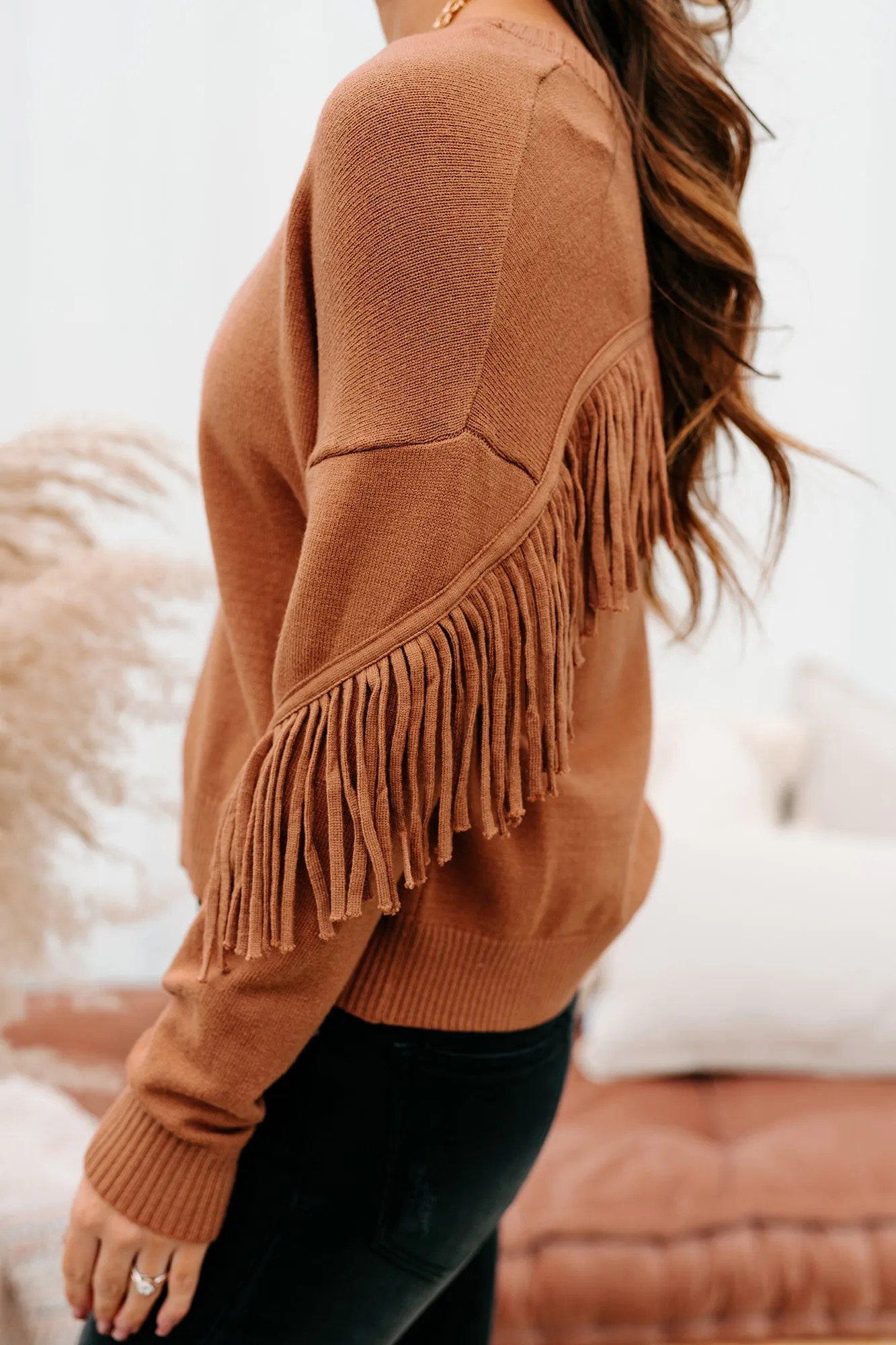 Fringe Fanatic Crewneck Fringe Sweater (Brick)