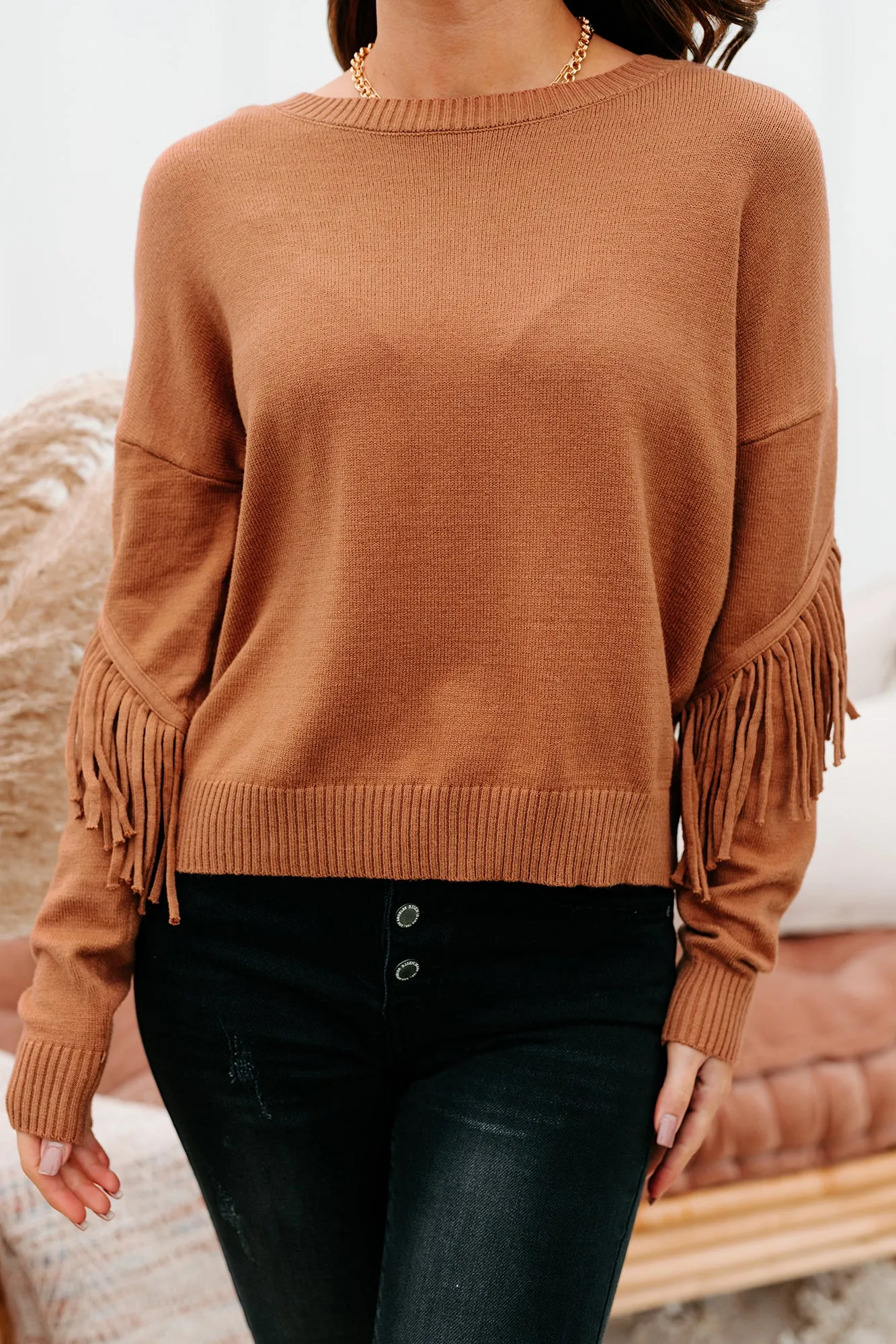 Fringe Fanatic Crewneck Fringe Sweater (Brick)