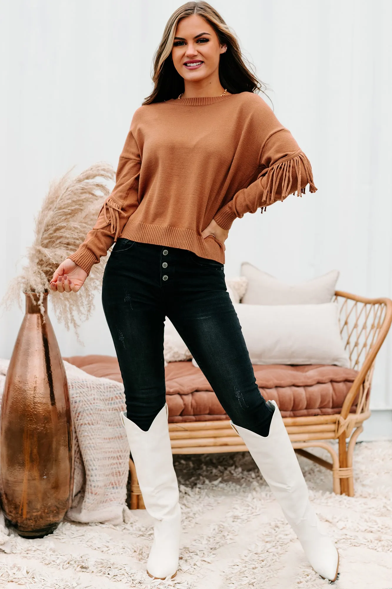 Fringe Fanatic Crewneck Fringe Sweater (Brick)