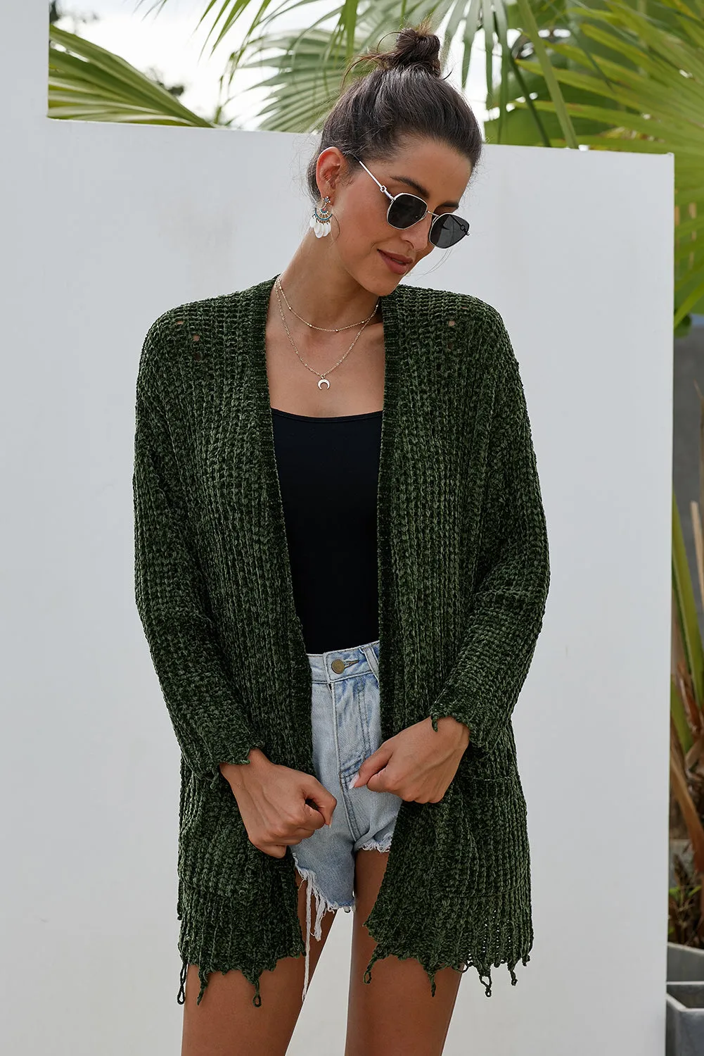 Green Chenille Knit Destroyed Cardigan Sweater