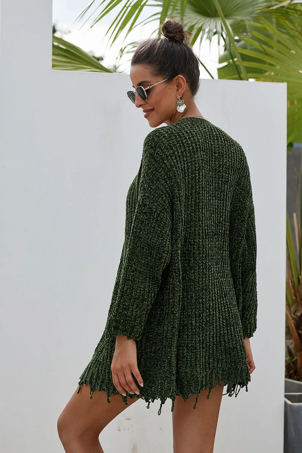 Green Chenille Knit Destroyed Cardigan Sweater