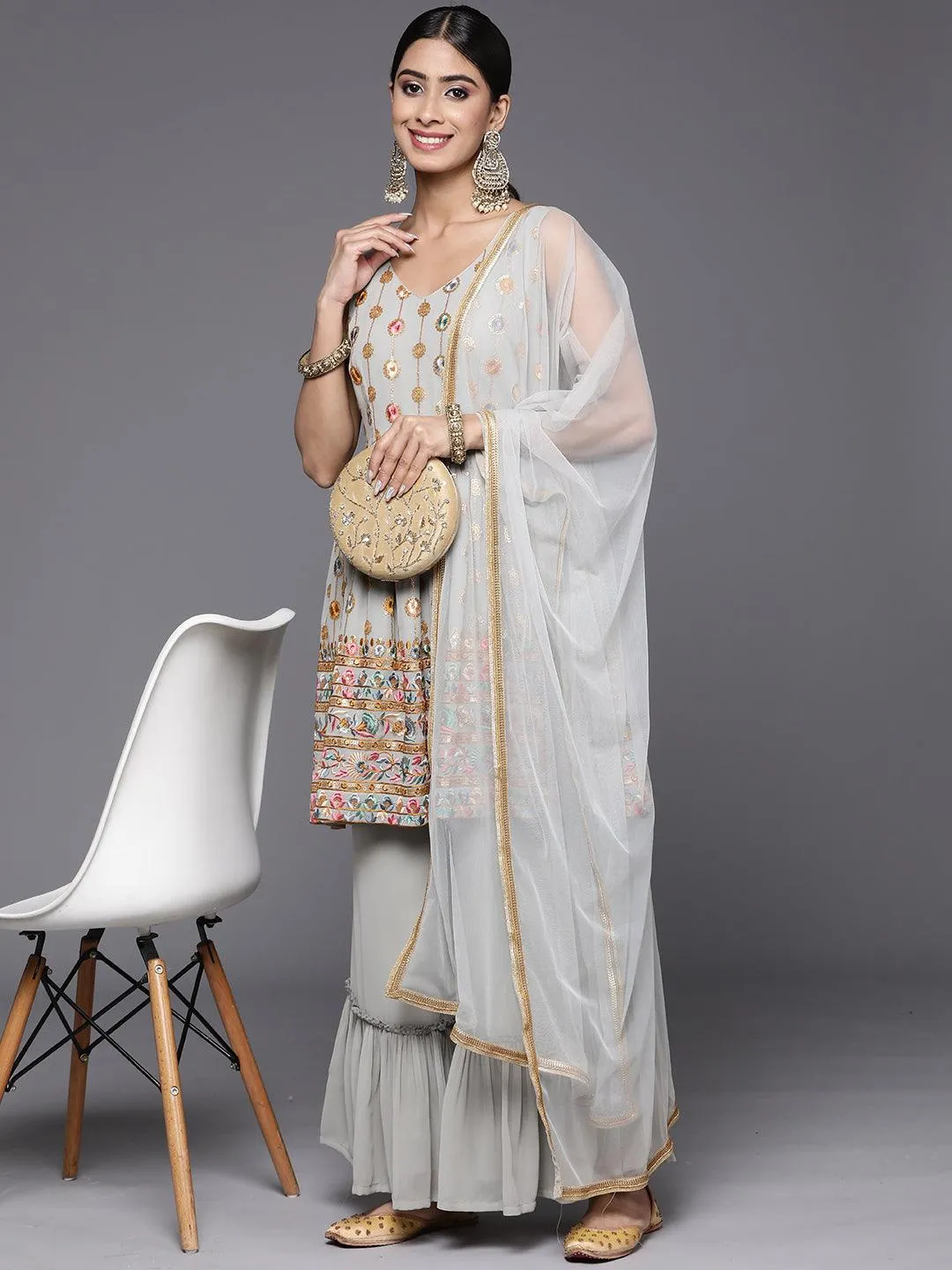 Grey Embroidered Georgette A-Line Sharara Suit Set With Dupatta