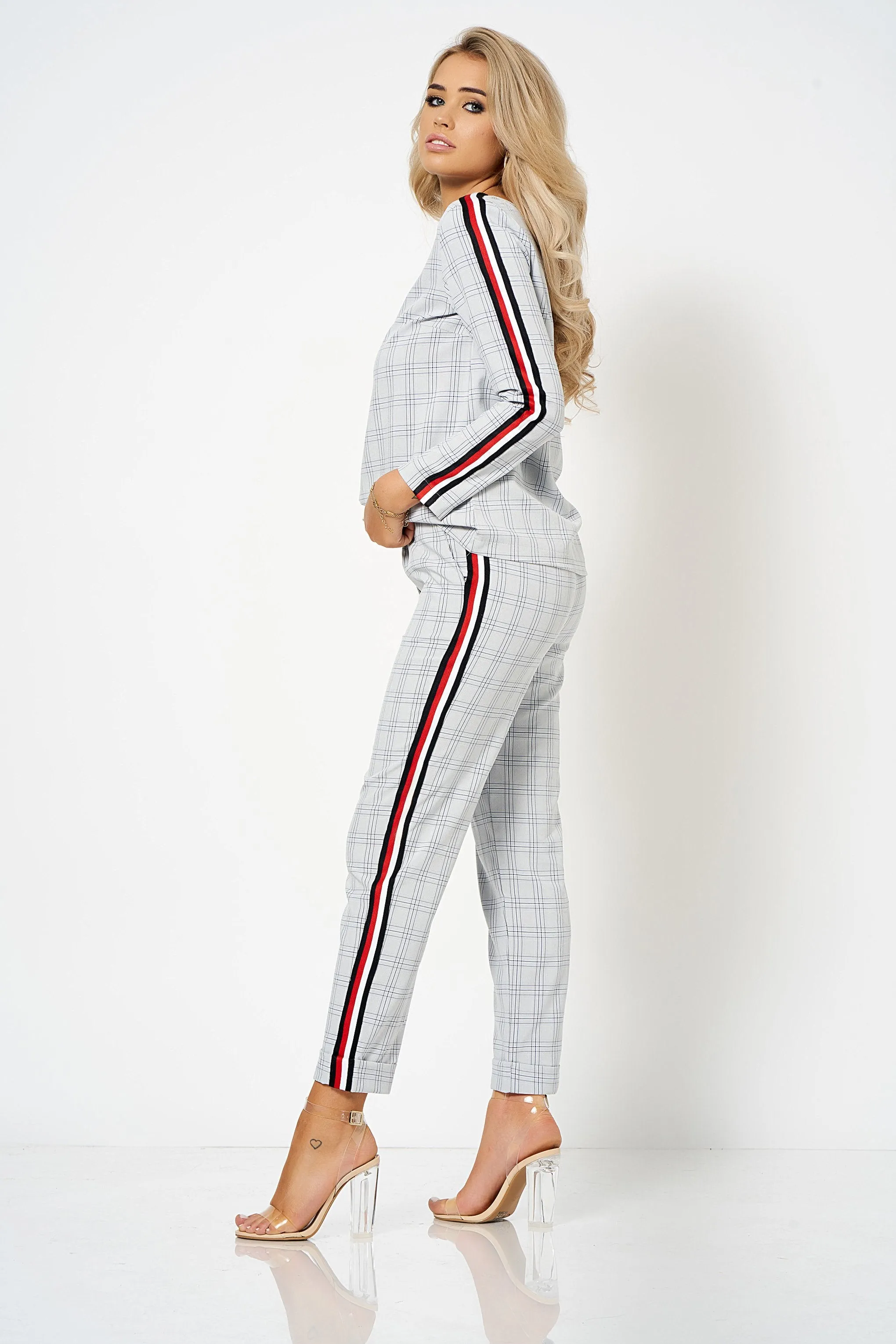 Grey Stripe Detail Checked Tailored Co-Ord Trousers