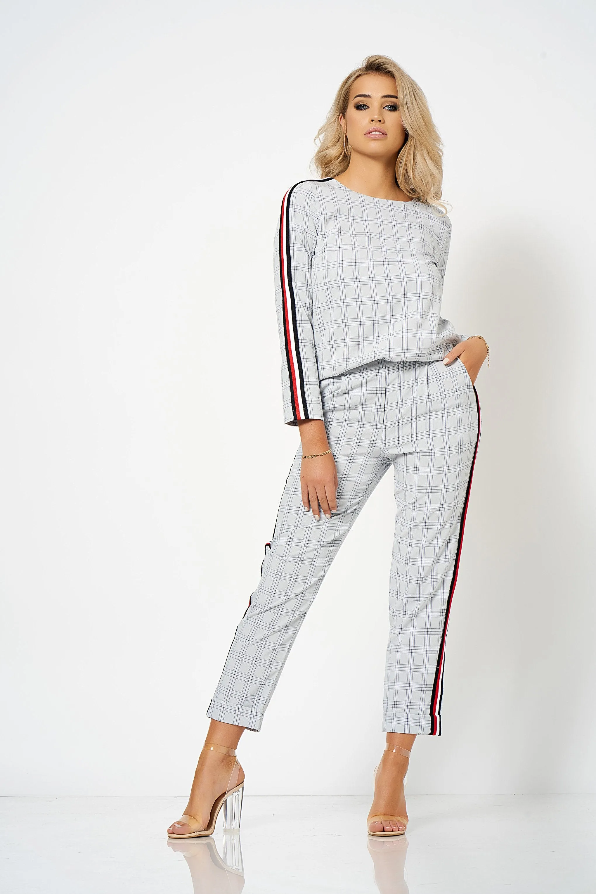 Grey Stripe Detail Checked Tailored Co-Ord Trousers