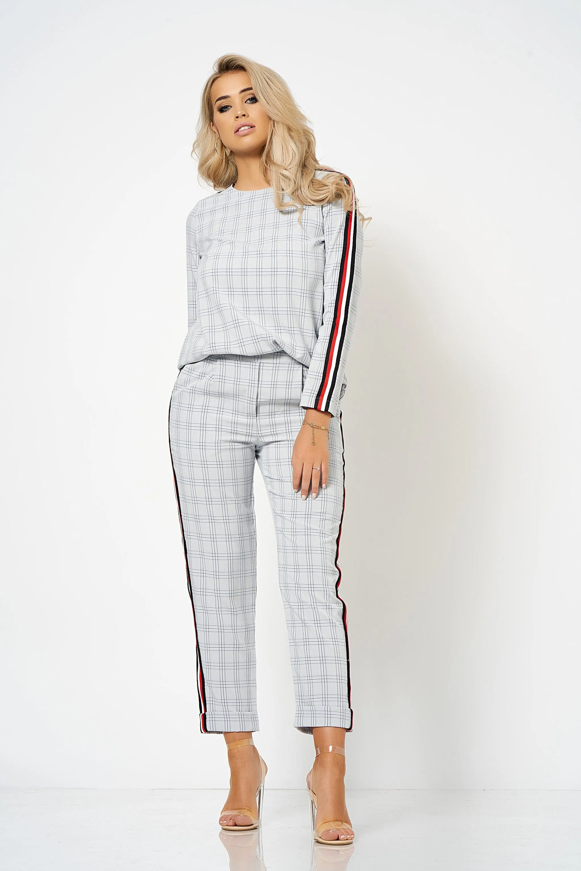 Grey Stripe Detail Checked Tailored Co-Ord Trousers