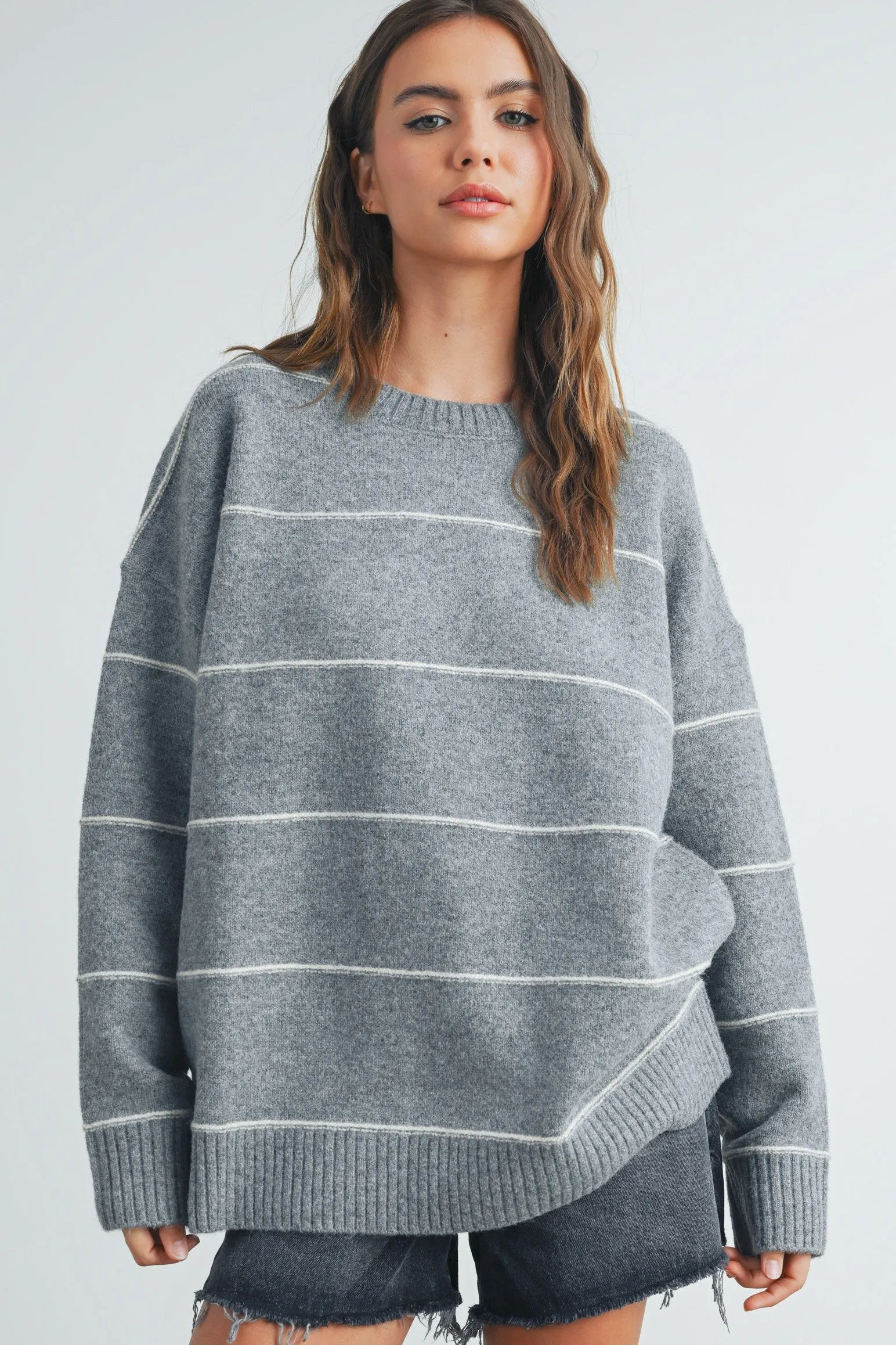 Hattie Striped Pattern Drop Shoulder Sweater