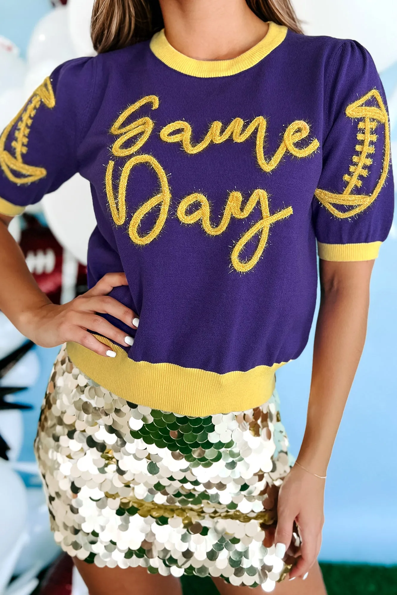 Headed To The Stadium Fuzzy Metallic Graphic Sweater (Purple/Gold)