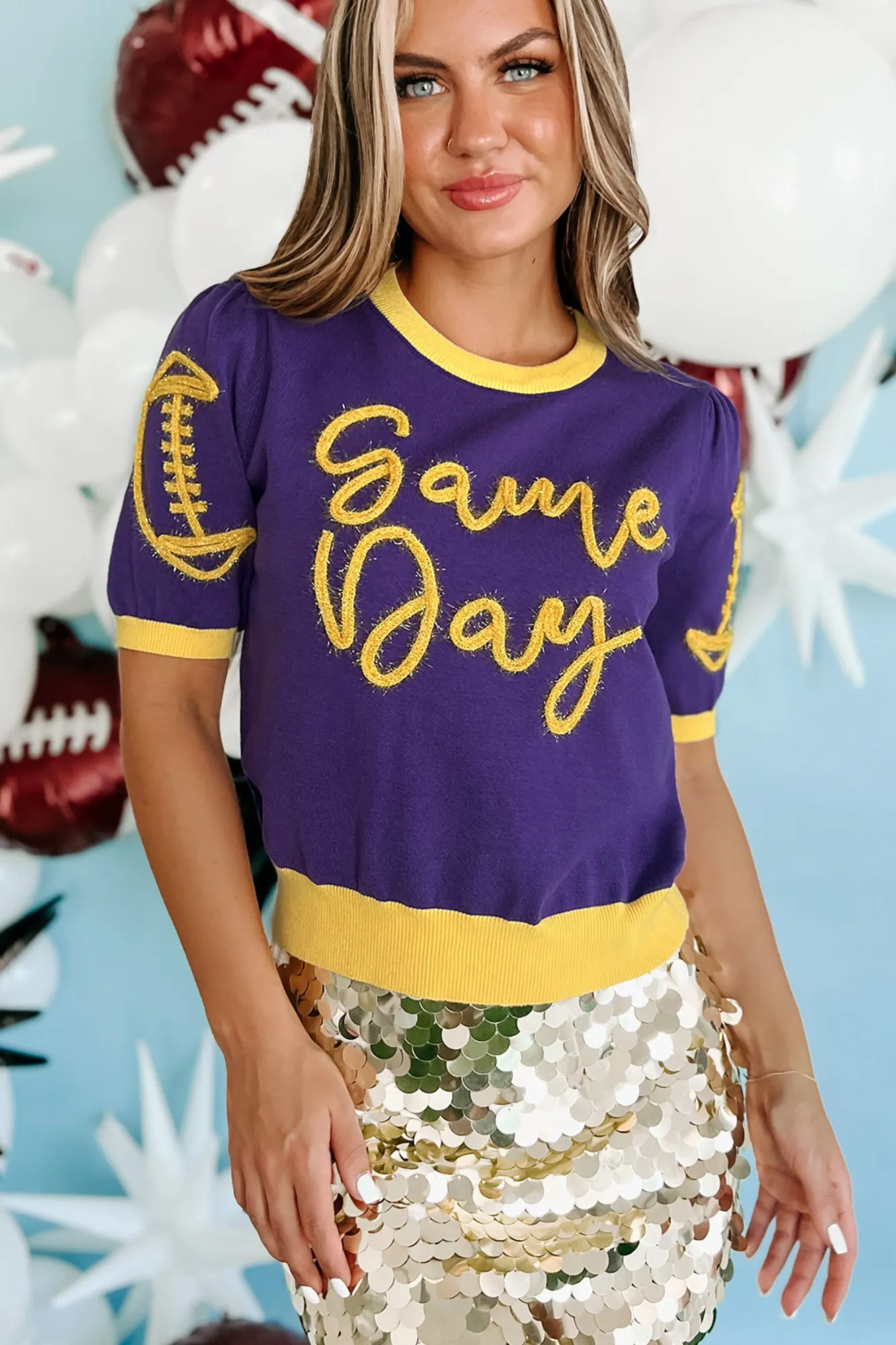 Headed To The Stadium Fuzzy Metallic Graphic Sweater (Purple/Gold)