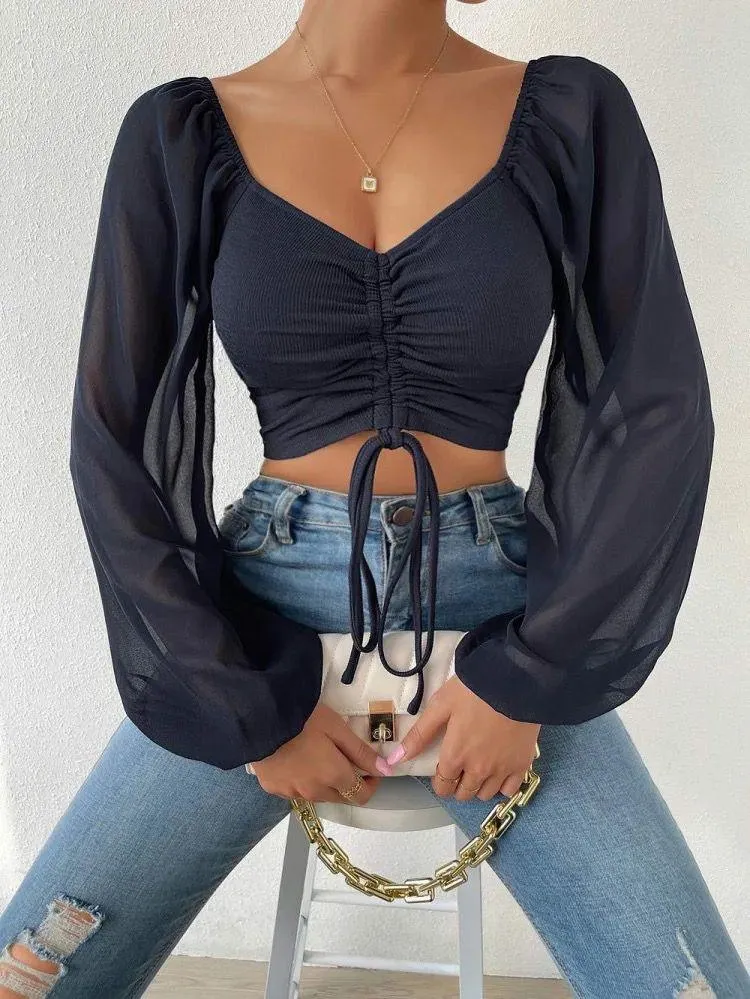 Jenny Drawstring Lantern Sleeve Crop Top