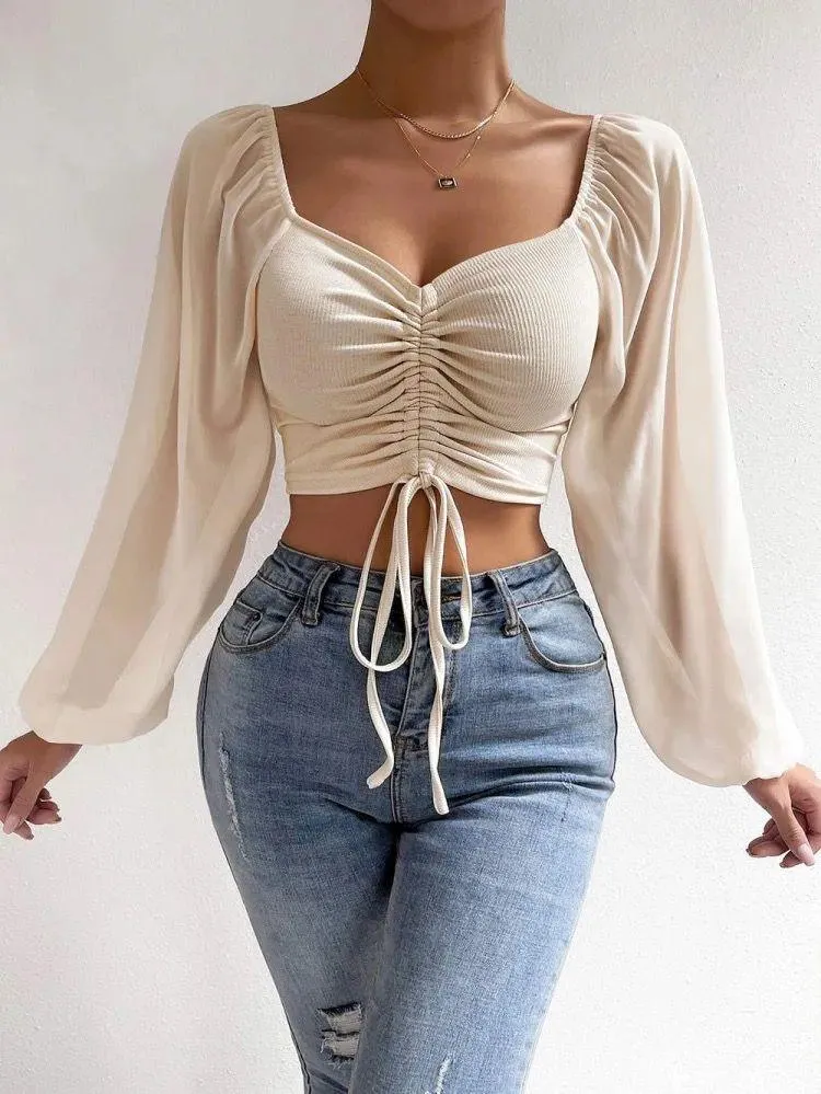 Jenny Drawstring Lantern Sleeve Crop Top