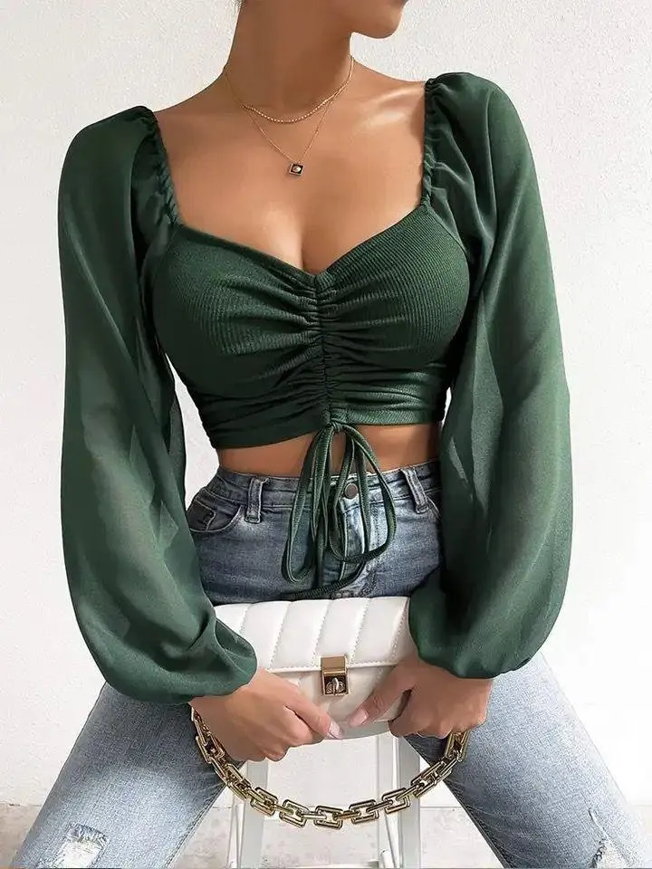 Jenny Drawstring Lantern Sleeve Crop Top