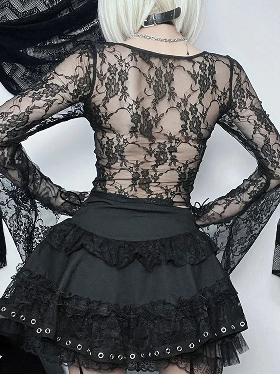 Lace Fairy Grunge V-neck See-Through Sheer Slim Fit Stylish Elegant Trendy Classic Crop Top