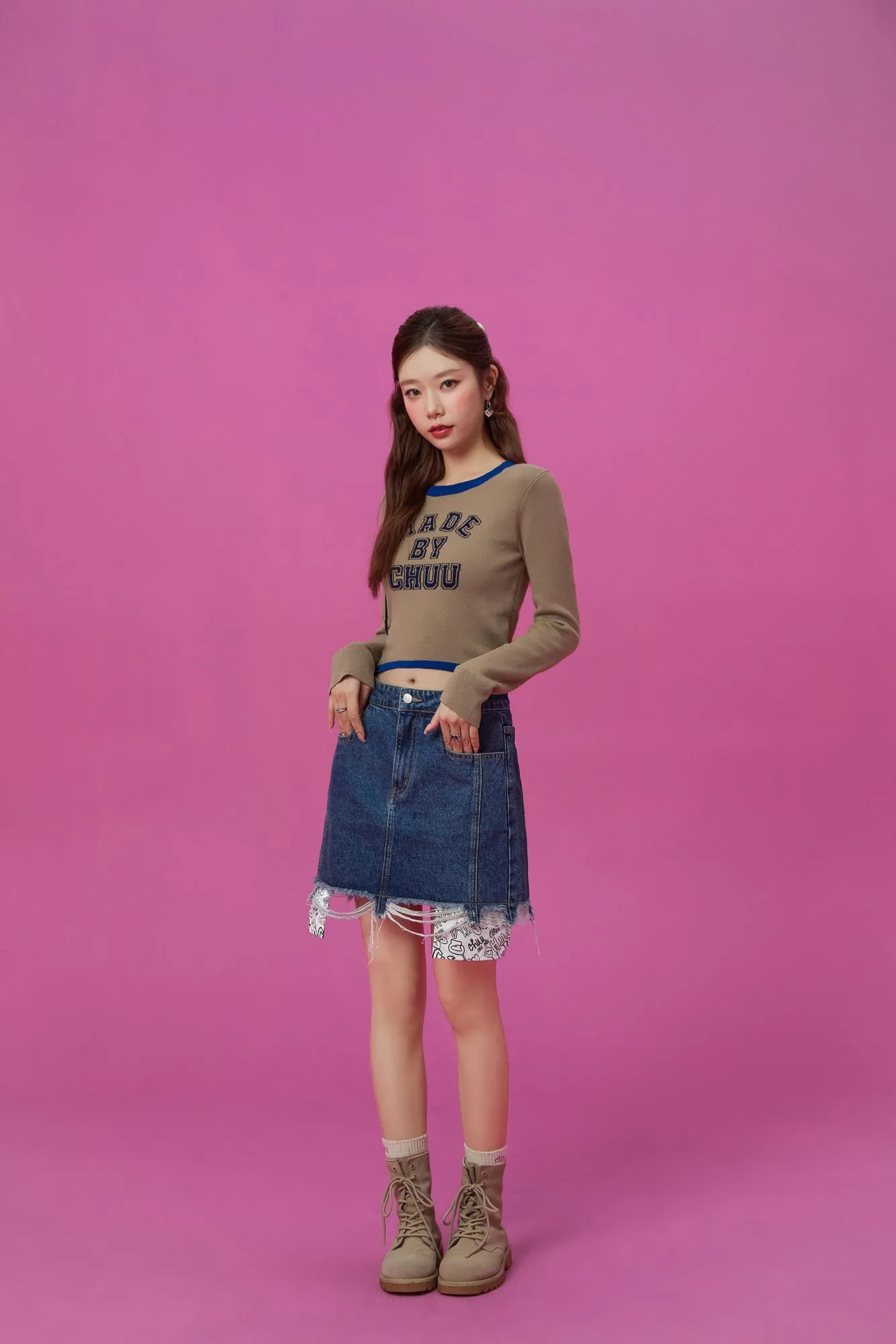 Line Color Combination Crop Knit Top