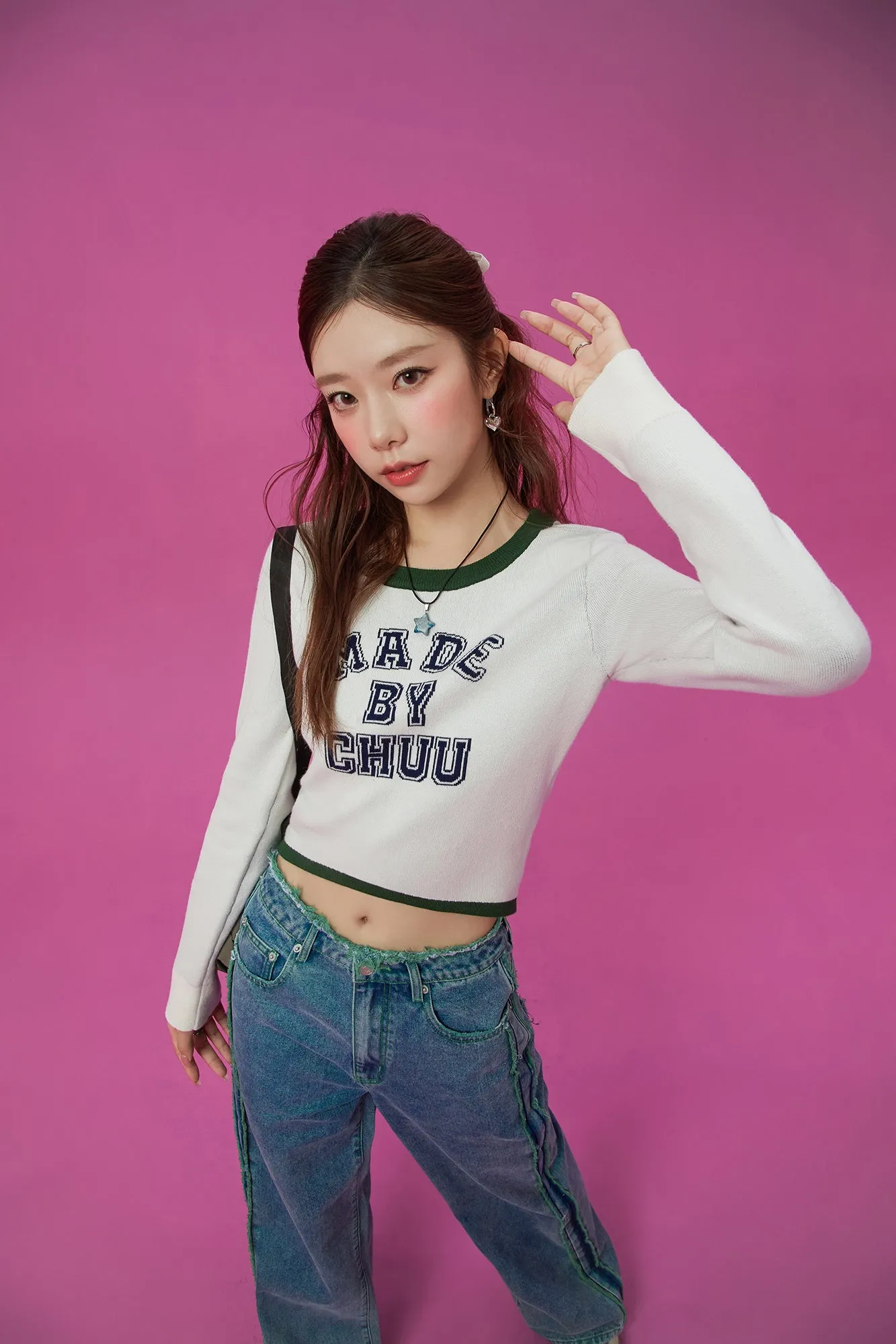 Line Color Combination Crop Knit Top