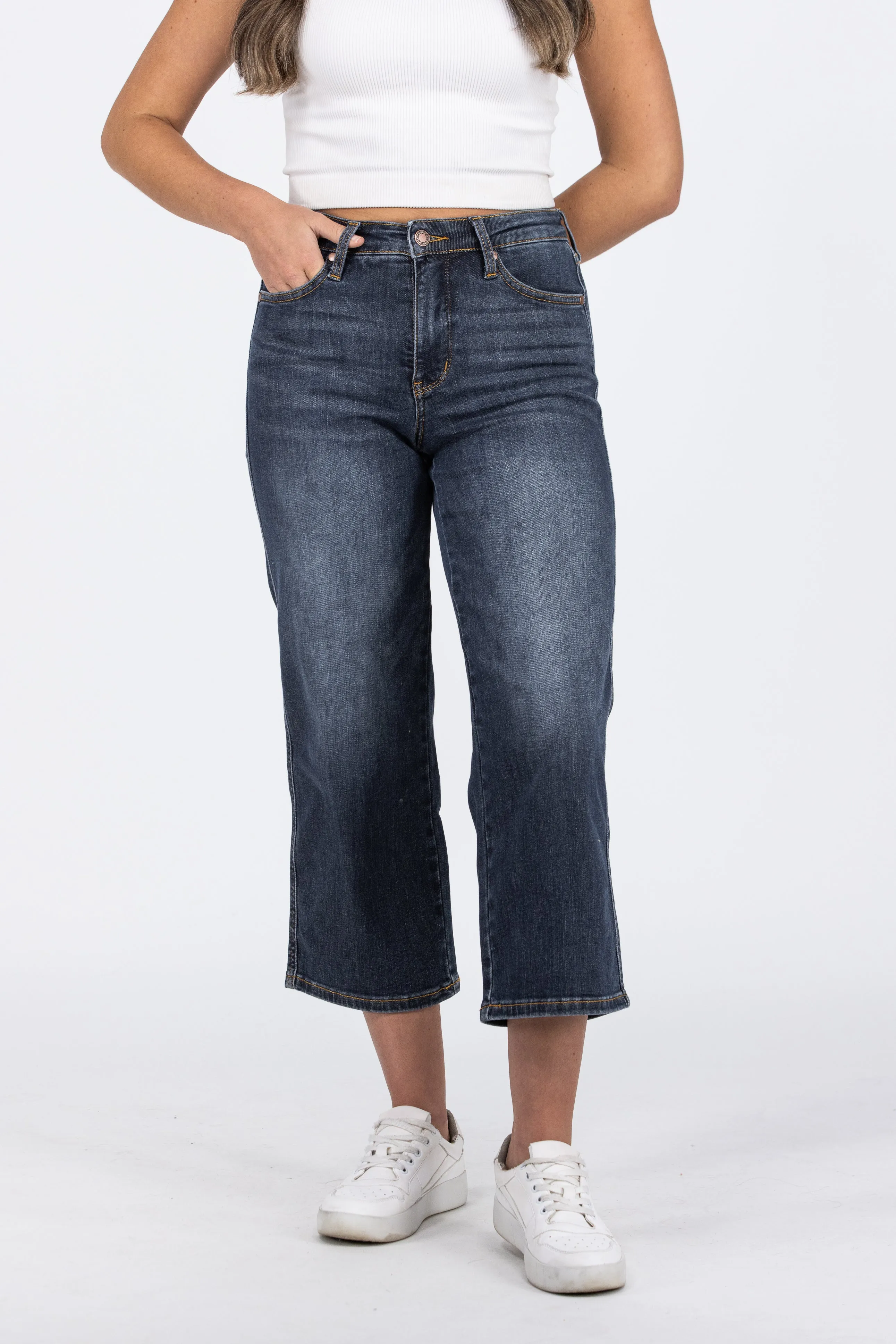 Live On The Wild Side from Judy Blue: Mid-Rise Tummy Control Wide Leg Crop Denim