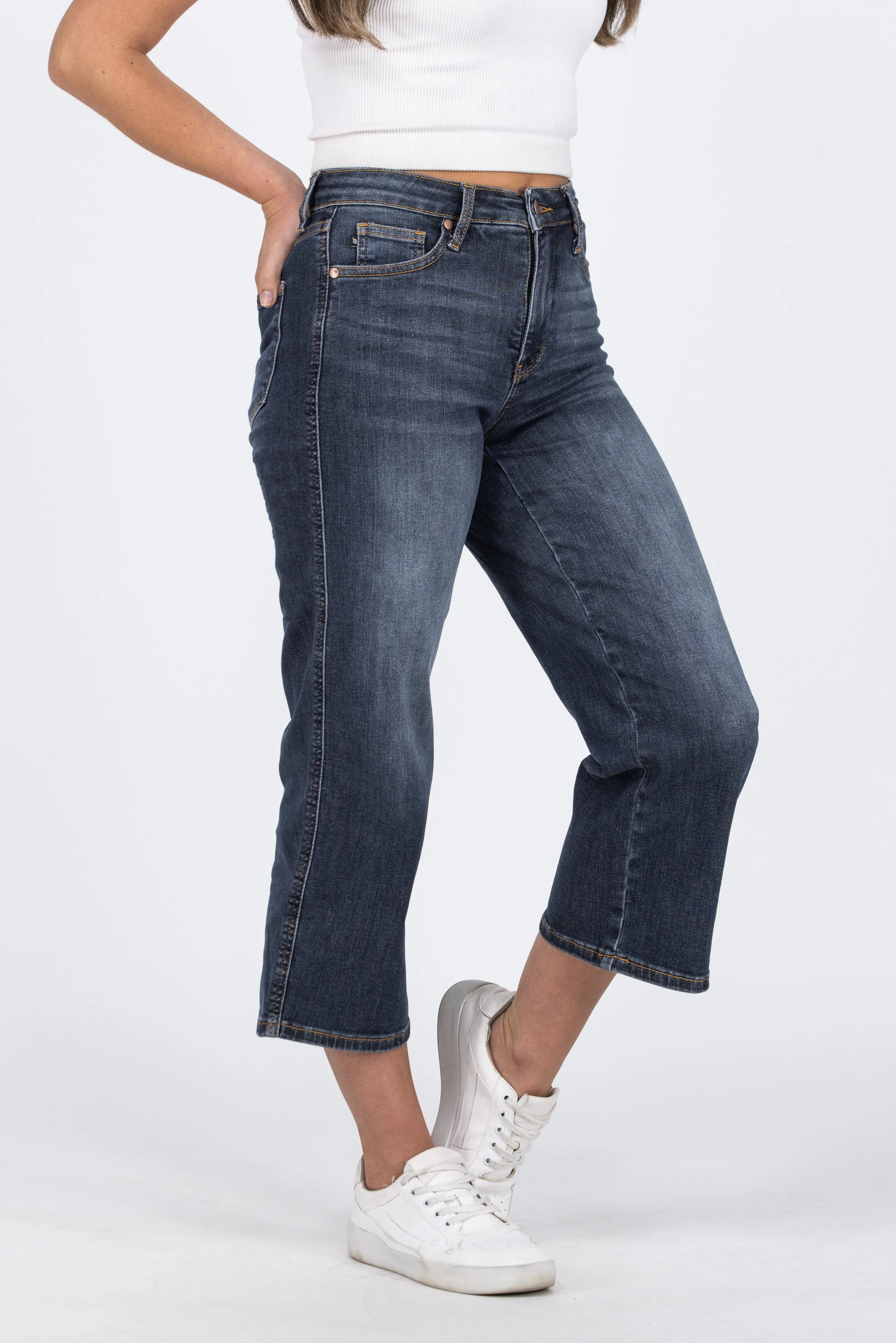 Live On The Wild Side from Judy Blue: Mid-Rise Tummy Control Wide Leg Crop Denim