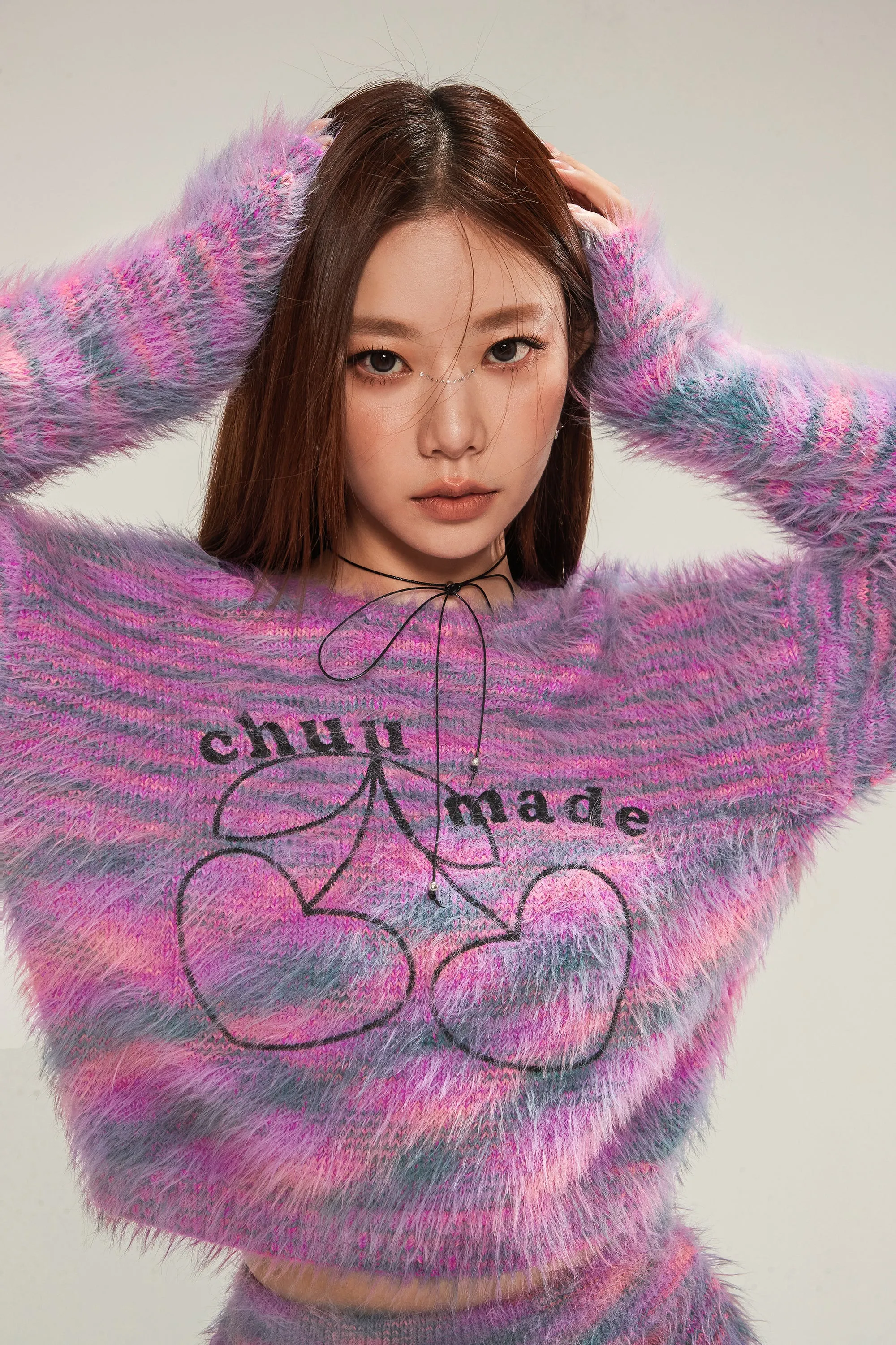 Logo Fuzzy Cherry Crop Knit Sweater