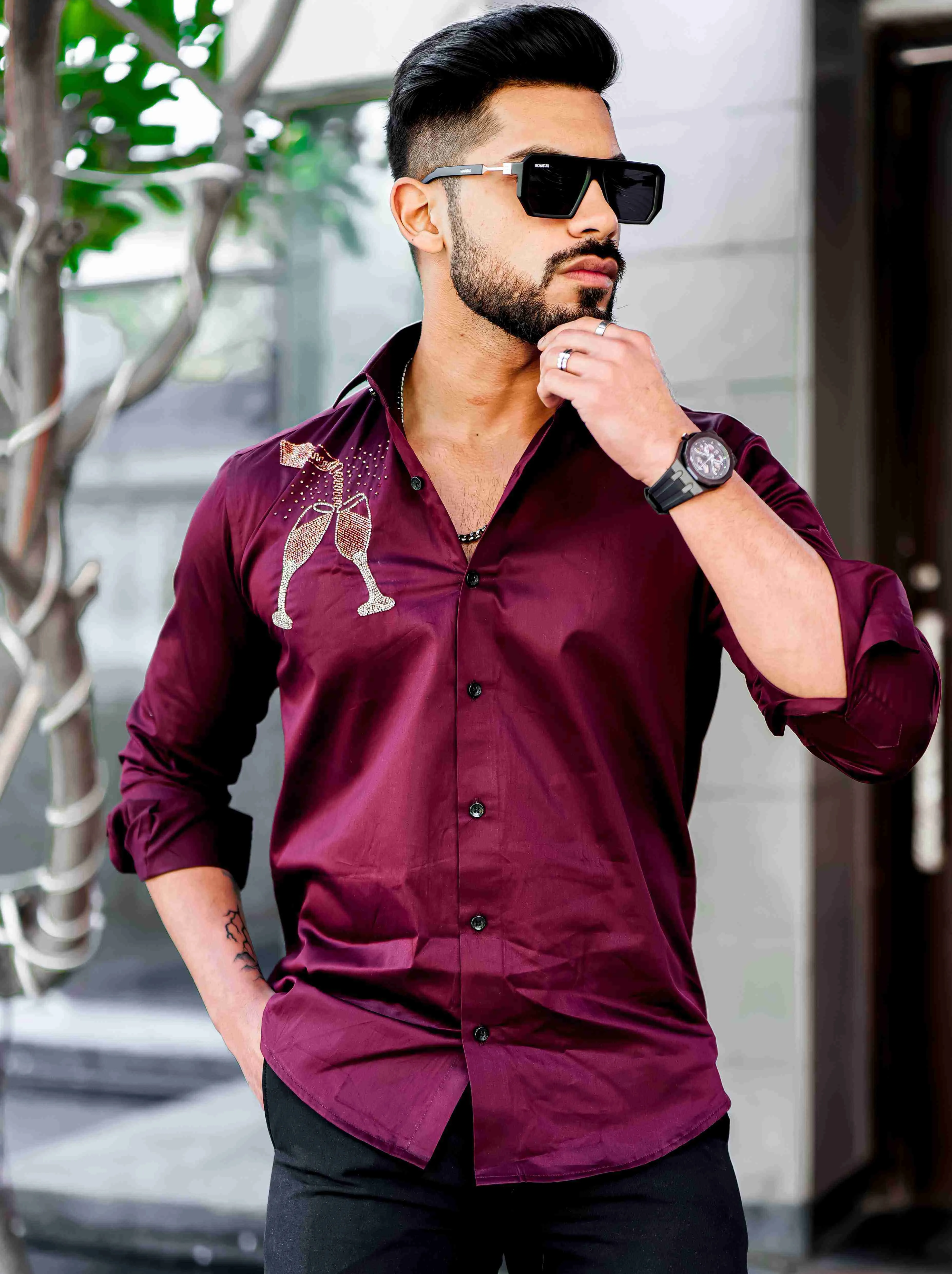 Maroon Rhinestone Hand Work Satin Cotton Premium Shirt