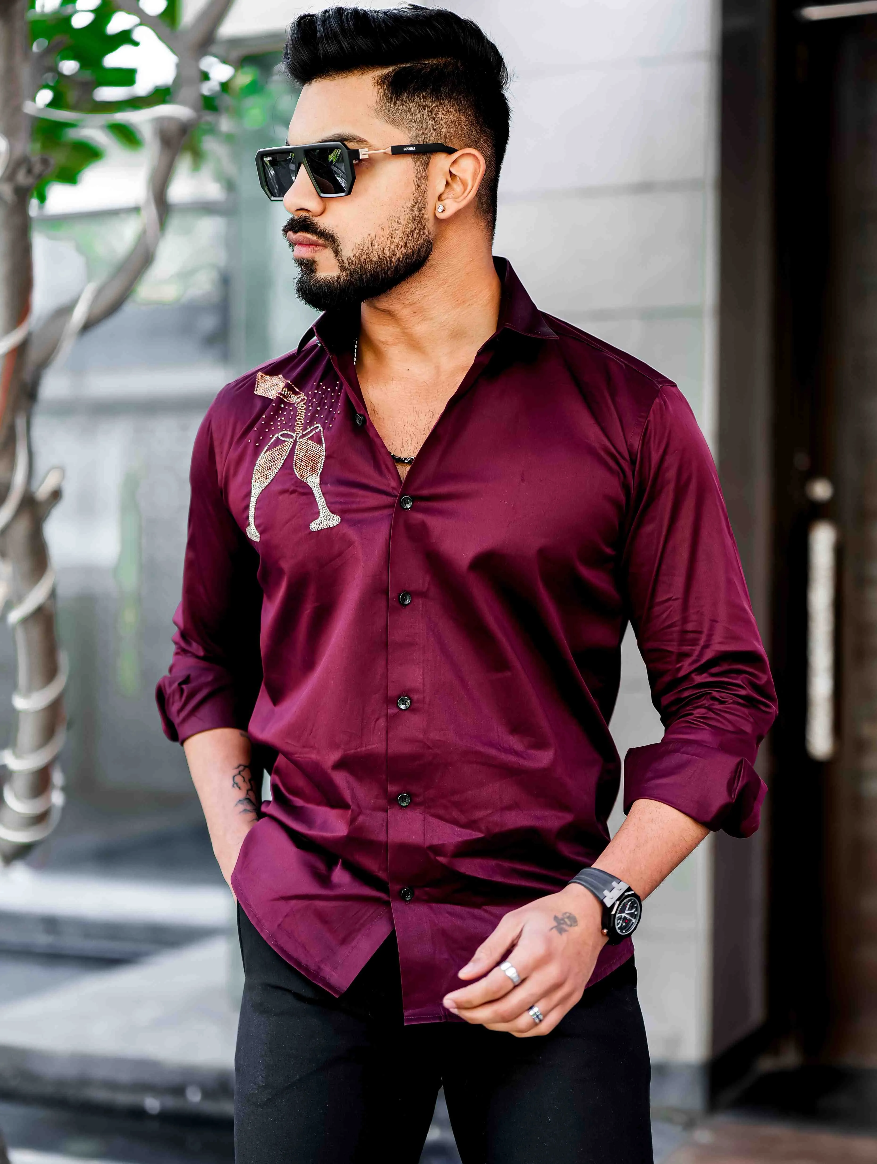 Maroon Rhinestone Hand Work Satin Cotton Premium Shirt