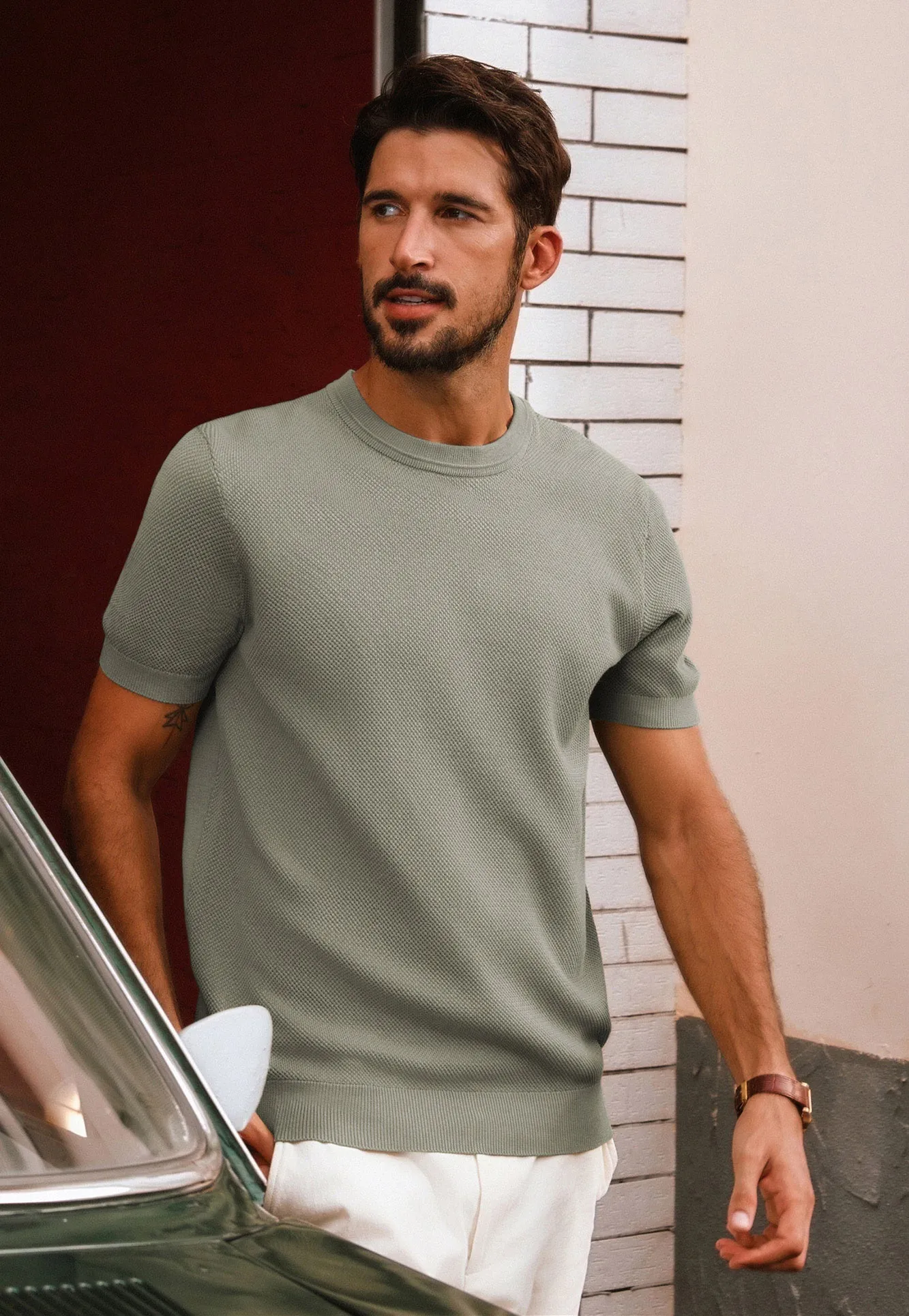 Men Textured Knitted T-Shirt Short Sleeve Crew Neck Ribbed Cuff Tops Knitwear