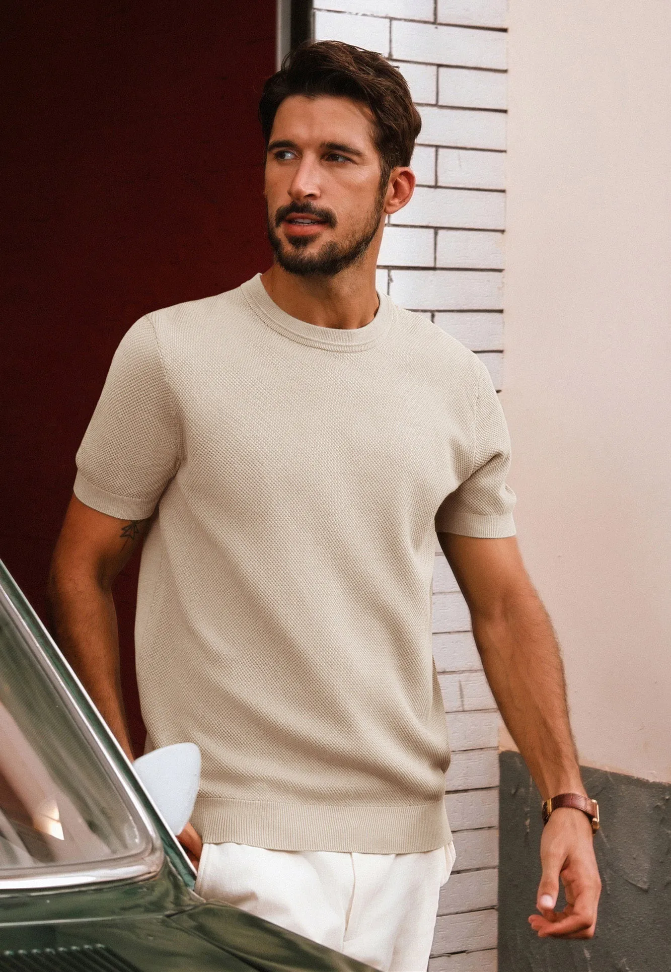 Men Textured Knitted T-Shirt Short Sleeve Crew Neck Ribbed Cuff Tops Knitwear