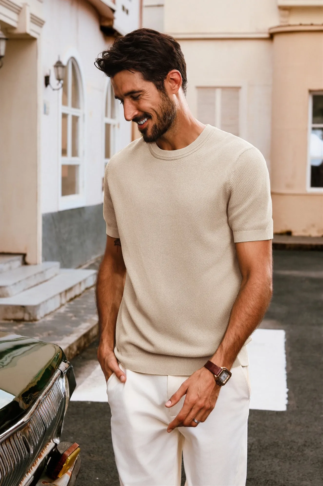 Men Textured Knitted T-Shirt Short Sleeve Crew Neck Ribbed Cuff Tops Knitwear