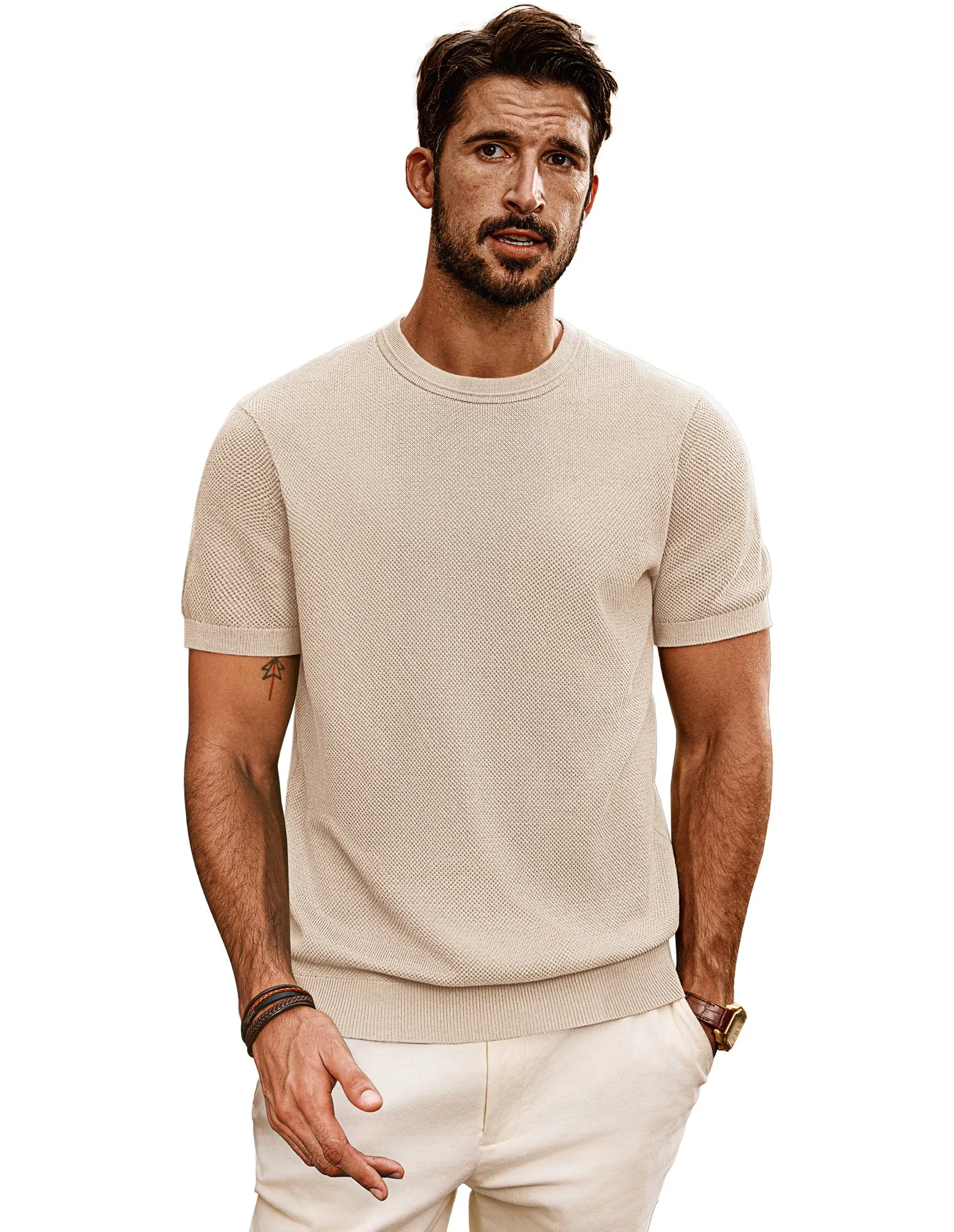 Men Textured Knitted T-Shirt Short Sleeve Crew Neck Ribbed Cuff Tops Knitwear