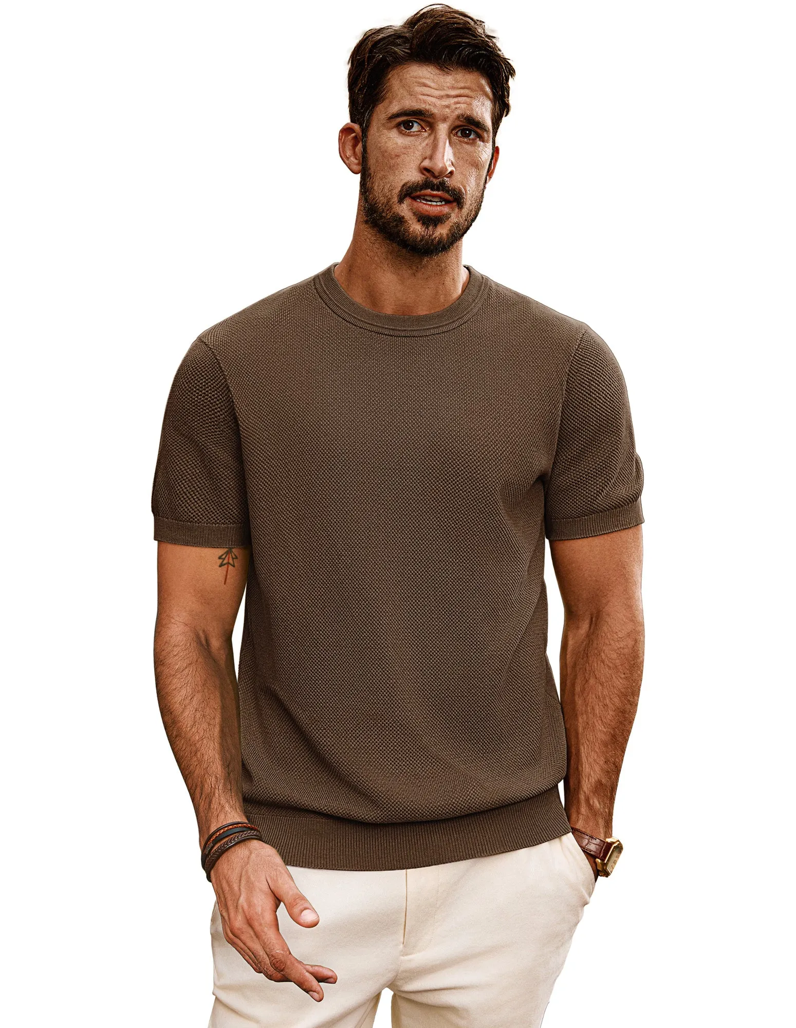 Men Textured Knitted T-Shirt Short Sleeve Crew Neck Ribbed Cuff Tops Knitwear