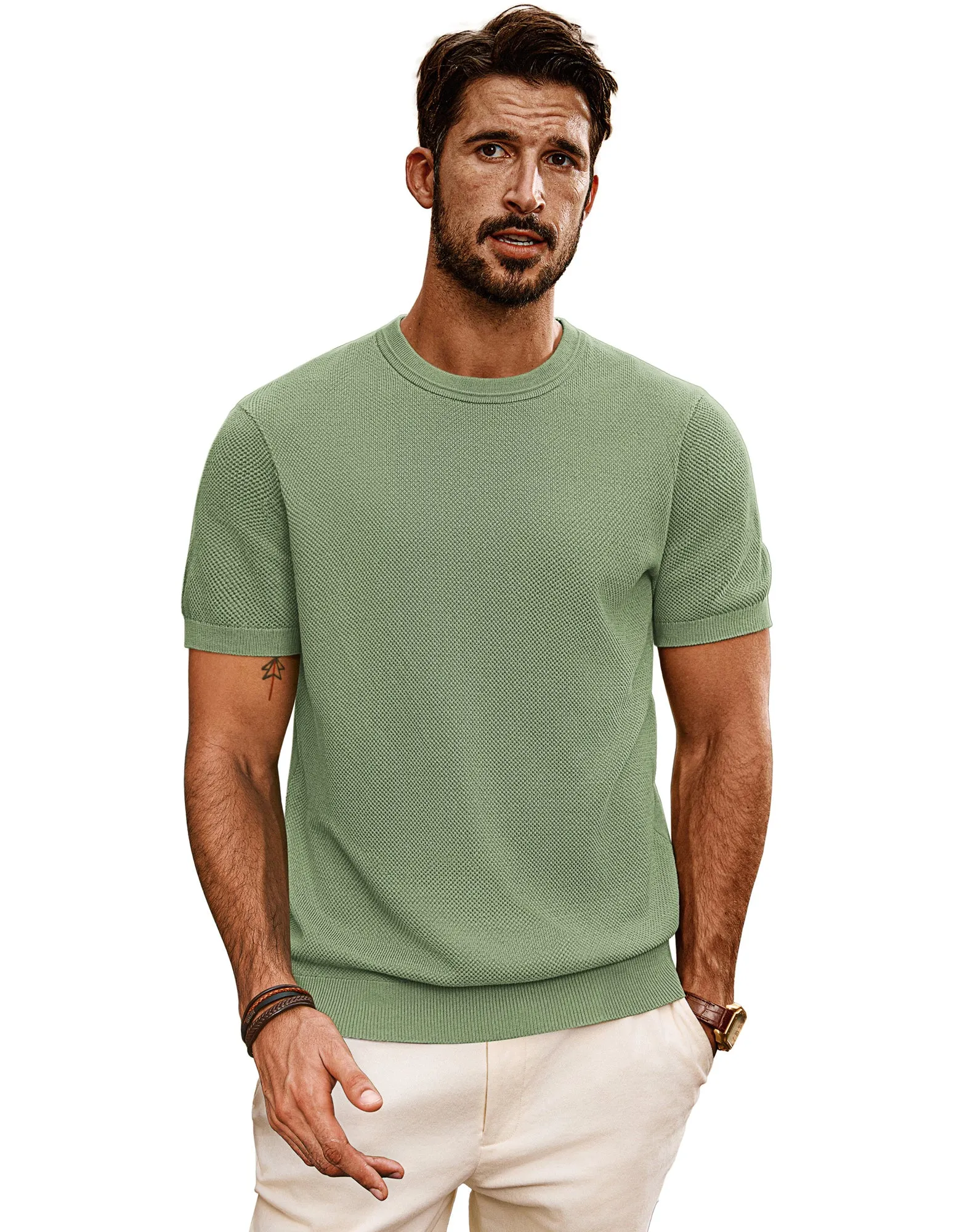 Men Textured Knitted T-Shirt Short Sleeve Crew Neck Ribbed Cuff Tops Knitwear