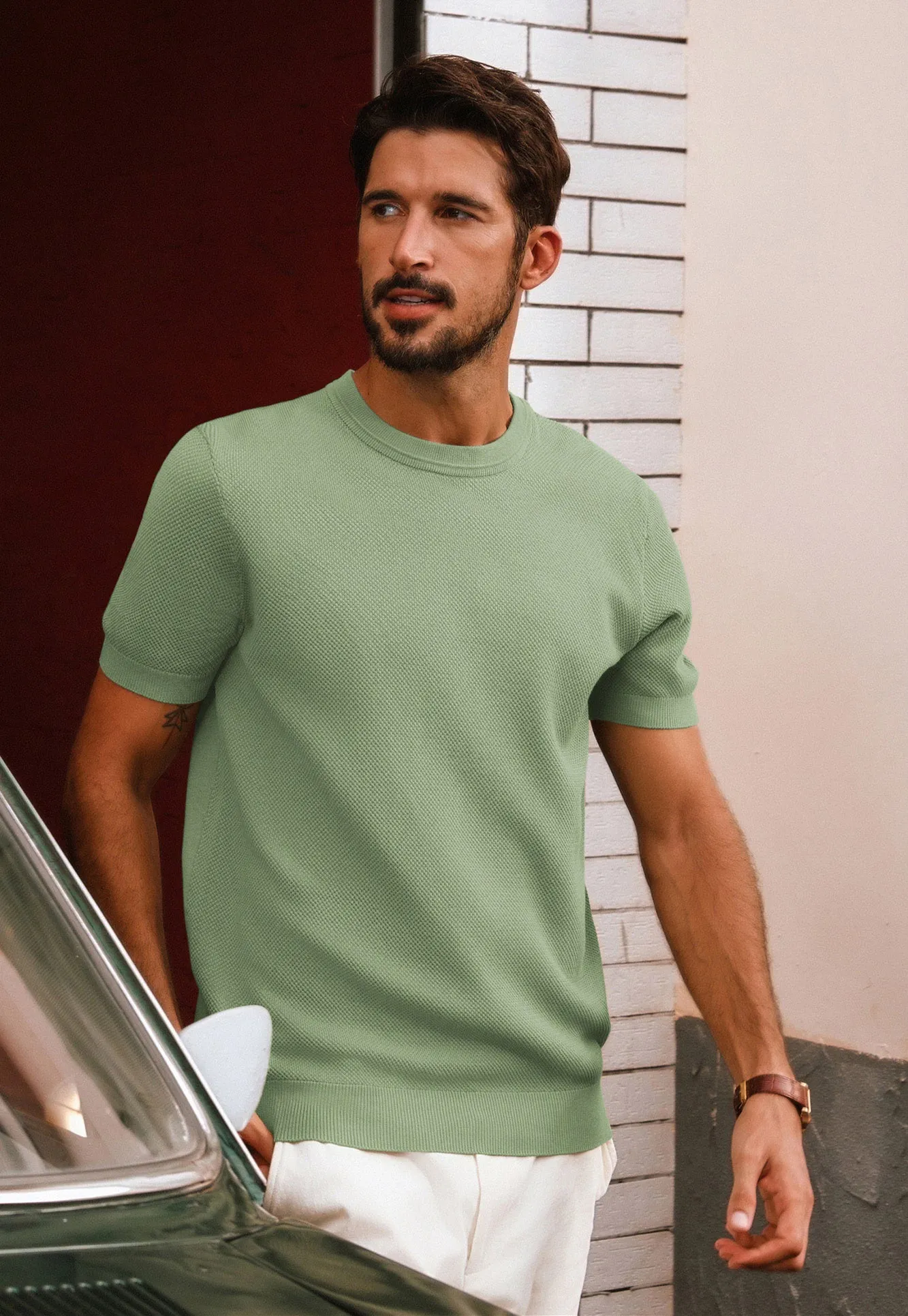 Men Textured Knitted T-Shirt Short Sleeve Crew Neck Ribbed Cuff Tops Knitwear