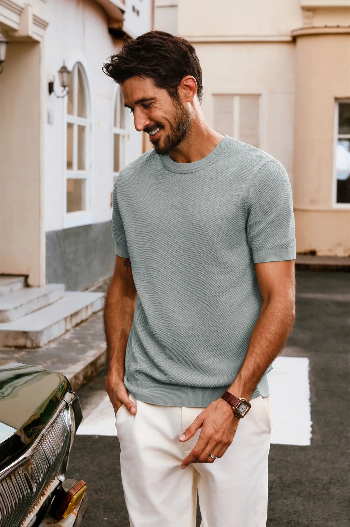 Men Textured Knitted T-Shirt Short Sleeve Crew Neck Ribbed Cuff Tops Knitwear