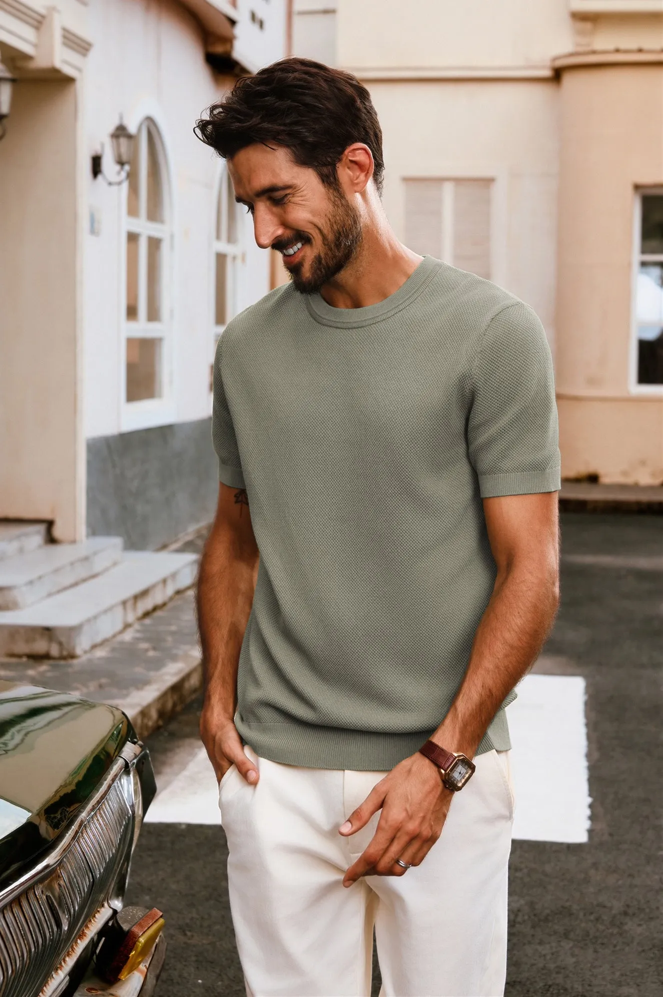 Men Textured Knitted T-Shirt Short Sleeve Crew Neck Ribbed Cuff Tops Knitwear