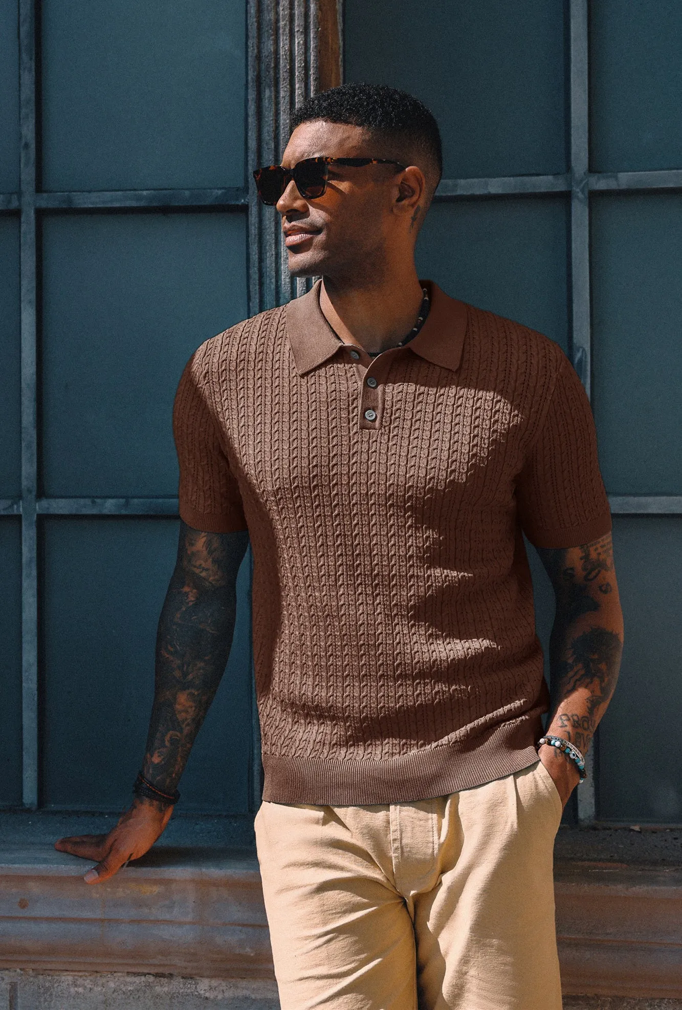 Mens Knit Polo Shirt Short Sleeve Hollow Out Knit Shirt Texture Knitted Polo